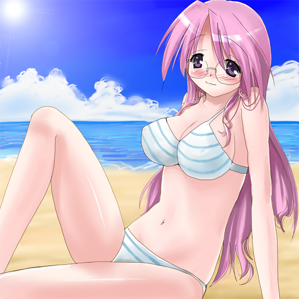 yabukichi, takara miyuki, lucky star, 00s, 1girl, beach, bikini, blush, cloud, day, female focus, glasses, long hair, outdoors, pink hair, purple eyes, sky, solo, striped bikini, striped clothes, sun, swimsuit, water