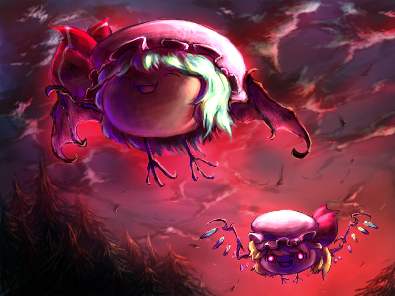 ita meshi, flandre scarlet, remilia scarlet, touhou, silver hair, (o) (o), cloud, cloudy sky, creepy, disembodied head, female focus, flying, frills, hat, hat ribbon, horror (theme), looking at viewer, mob cap, no humans, red eyes, ribbon, short hair, sky, tree, twilight, yukkuri shiteitte ne