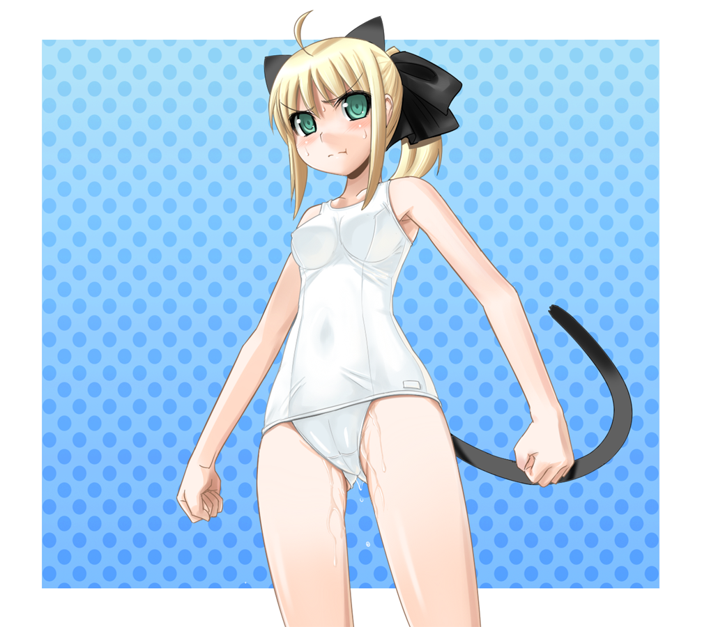 sugar (sugarless), artoria pendragon (fate), saber (fate), saber lily, capcom, fate/stay night, fate/unlimited codes, fate (series), 00s, 1girl, alternate costume, animal ears, blonde hair, blush, breasts, female focus, green eyes, hair ribbon, one-piece swimsuit, ponytail, ribbon, school swimsuit, solo, swimsuit, tail, wet, white one-piece swimsuit, white school swimsuit