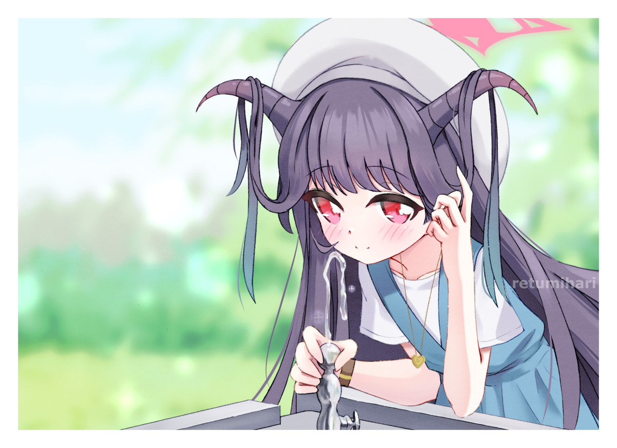 retumihari, fuuka (blue archive), fuuka (casual) (blue archive), blue archive, commentary, 1girl, adjusting hair, beret, black hair, black horns, blue dress, blurry, blurry background, blush, border, closed mouth, cowboy shot, day, demon girl, demon horns, dress, hair down, hair on horn, halo, hand up, hat, heart pendant, horns, leaning forward, long hair, looking at viewer, official alternate costume, official alternate hairstyle, outdoors, pinafore dress, pink halo, red eyes, shirt, short sleeves, sleeveless, sleeveless dress, smile, solo, split mouth, straight hair, very long hair, watch, water, white border, white hat, white shirt, wristwatch