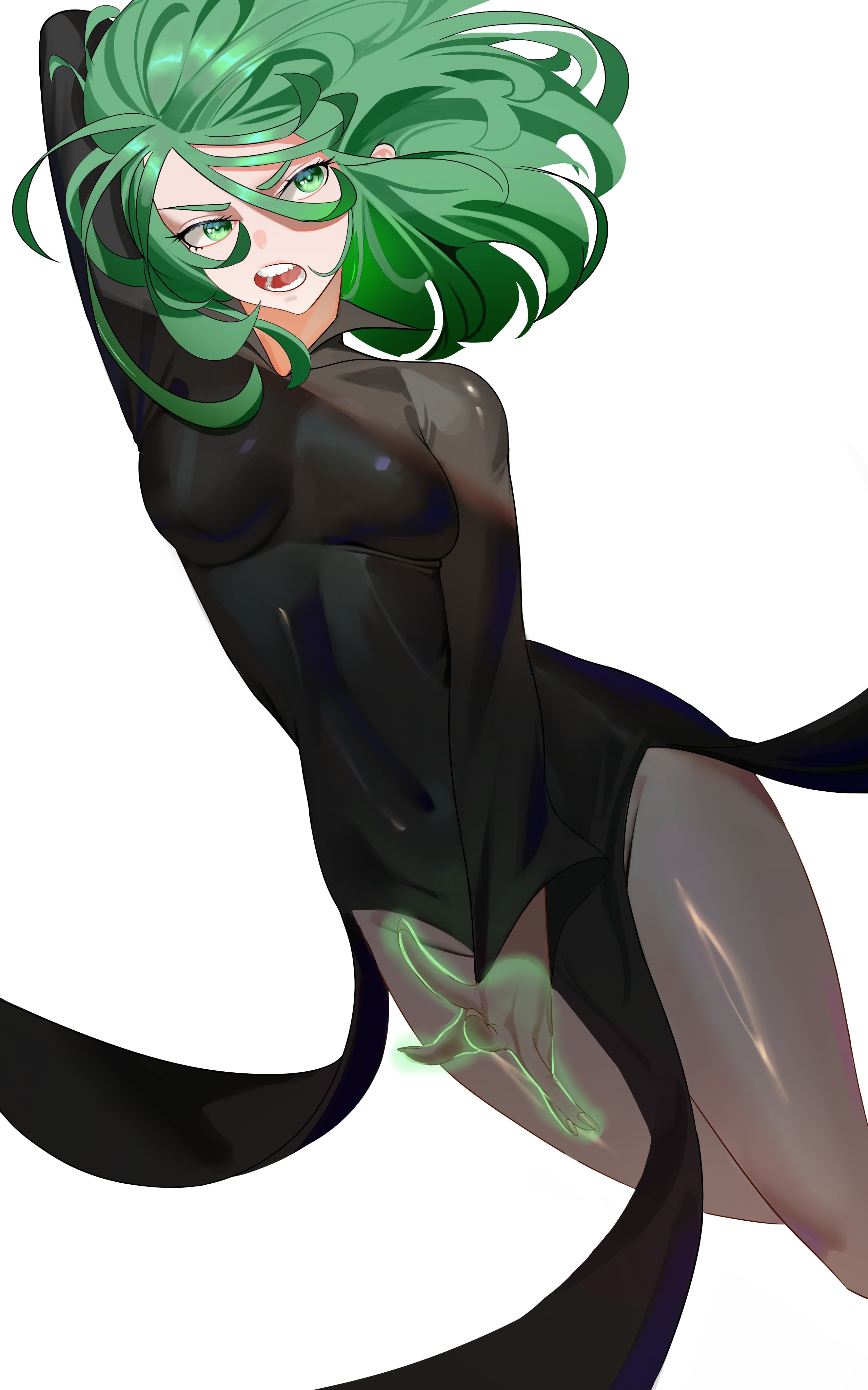 msry1999, tatsumaki, one-punch man, absurdres, highres, tagme, 1girl, black dress, dress, glowing, glowing hand, green eyes, green hair