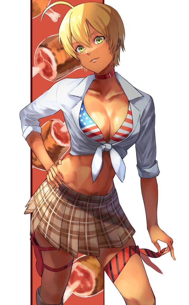 nasubin (nasubisamurai15), mito ikumi, shokugeki no souma, 1girl, american flag, american flag bikini, american flag print, bikini, blonde hair, boned meat, breasts, cleavage, dark skin, flag print, flag print bikini, food, green eyes, meat, medium breasts, print bikini, shirt, short hair, skirt, swimsuit, white shirt