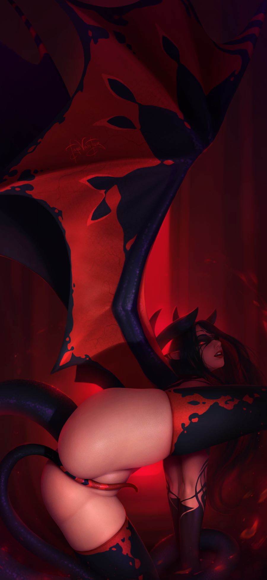 tagovantor, original, highres, 1girl, ass, black hair, black thighhighs, black wings, demon girl, demon horns, demon tail, demon wings, horns, long hair, nude, pointy ears, pussy, red eyes, red hair, red thighhighs, red wings, shiny skin, solo, tail, teeth, thighhighs, wings