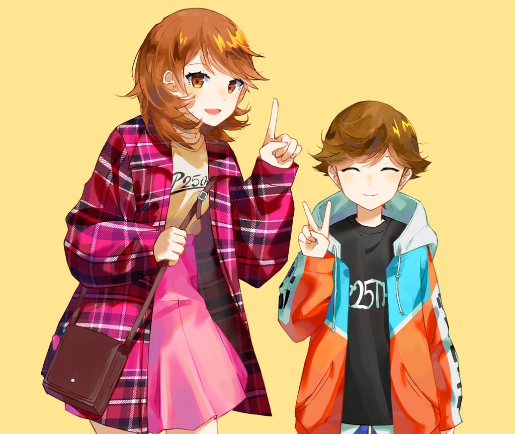 renyarrh, amada ken, takeba yukari, persona, persona 3, 1boy, 1girl, alternate costume, bag, black shirt, brown eyes, brown hair, casual, checkered clothes, choker, closed eyes, closed mouth, cowboy shot, facing viewer, flipped hair, hood, hood down, hoodie, index finger raised, light blush, long sleeves, looking at viewer, open clothes, open hoodie, open mouth, open shirt, pink shirt, pink skirt, shirt, short hair, shoulder bag, skirt, sleeves past wrists, smile, v, white choker, white shirt, yellow background