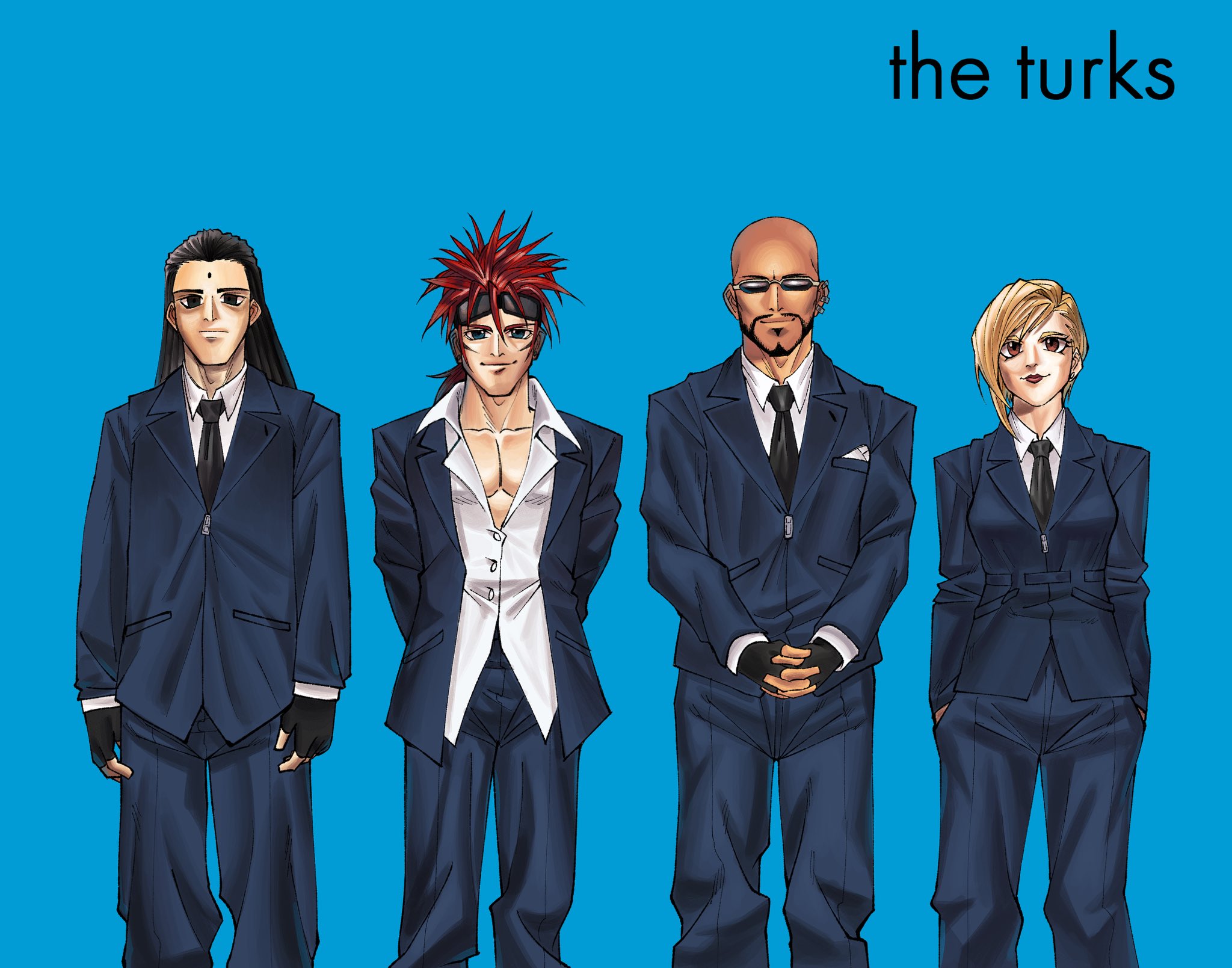 capsule (capsulecomputrz), elena (ff7), reno (ff7), rude (ff7), tseng, final fantasy, final fantasy vii, weezer (band), weezer (blue album), commentary, english commentary, highres, 1girl, 3boys, arms behind back, bald, black eyes, black gloves, black jacket, black necktie, black suit, blonde hair, blue background, blue eyes, brown eyes, closed mouth, collared shirt, dark-skinned male, dark skin, earrings, facial hair, facial mark, fingerless gloves, forehead mark, formal clothes, gloves, goggles, goggles on head, hair slicked back, handkerchief in pocket, hands in pockets, interlocked fingers, jacket, jewelry, long hair, low ponytail, multiple boys, necktie, open clothes, open jacket, pants, parody, partially unbuttoned, pectoral cleavage, pectorals, ponytail, red hair, red lips, shirt, short hair, smile, spiked hair, suit, sunglasses, white shirt