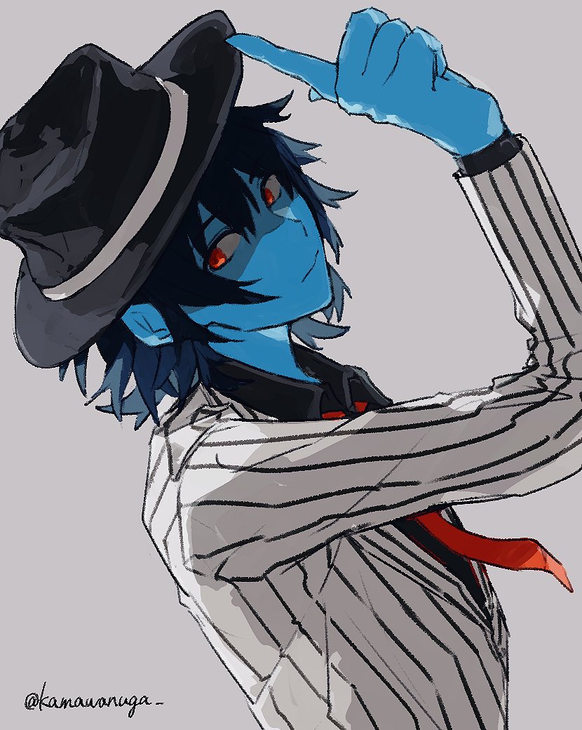 kris (dark world) (deltarune), kris (deltarune), kris (gangster) (deltarune), deltarune, utdr (toby fox), 1other, adjusting clothes, adjusting headwear, arm up, black hair, black hat, black shirt, blue skin, closed mouth, colored skin, double-parted bangs, fedora, hair between eyes, hat, index finger raised, jacket, kamawanuga, layered sleeves, leaning back, long sleeves, looking at viewer, necktie, other focus, pinstripe jacket, pinstripe pattern, red eyes, red necktie, shaded face, shirt, short hair, sideways glance, simple background, smile, solo, twitter username, upper body, white jacket