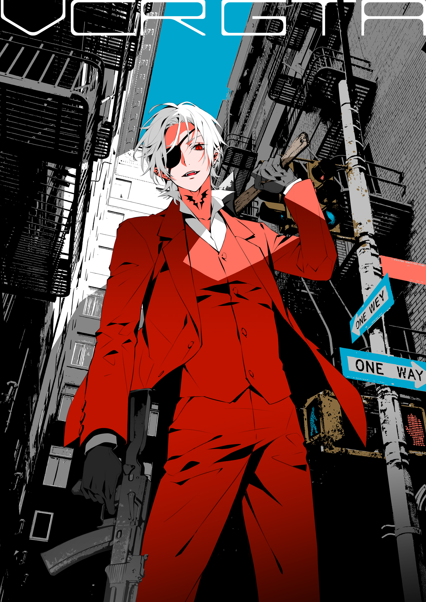 akke (akke299), kuzuha (nijisanji), nijisanji, highres, 1boy, ak-74m, assault rifle, axe, black gloves, building, collared shirt, cowboy shot, day, ear piercing, earrings, english text, eyepatch, fangs, formal clothes, gloves, gun, hand up, holding, holding axe, holding gun, holding weapon, jacket, jewelry, kalashnikov rifle, limited palette, long sleeves, looking at viewer, male focus, neck tattoo, one eye covered, open clothes, open jacket, open mouth, outdoors, pants, piercing, red eyes, red jacket, red pants, red vest, rifle, road sign, shirt, short hair, sign, sky, smile, solo, standing, suit, tattoo, teeth, vest, virtual youtuber, weapon, white hair, white shirt