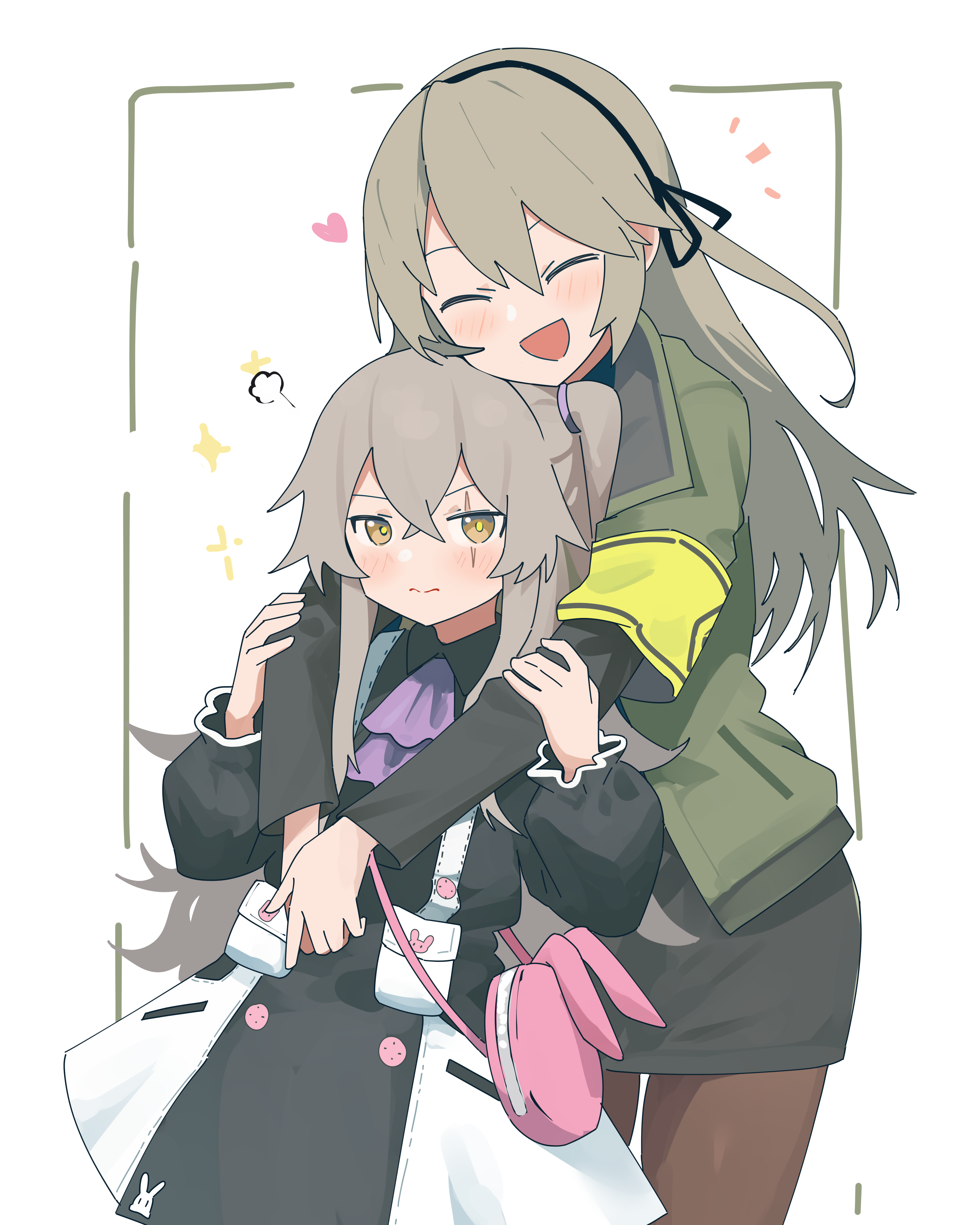 myticalcat, ump40 (girls' frontline), ump45 (agent lop rabbit) (girls' frontline), ump45 (girls' frontline), girls' frontline, absurdres, commentary, english commentary, highres, 2girls, animal bag, armband, ascot, black dress, black pantyhose, black ribbon, blush, brown hair, closed eyes, closed mouth, dress, green hair, green jacket, hair ribbon, heart, hug, hug from behind, jacket, looking at viewer, multiple girls, open mouth, pantyhose, pink bag, purple ascot, rabbit bag, ribbon, scar, scar across eye, scar on face, simple background, smile, white background, yellow armband
