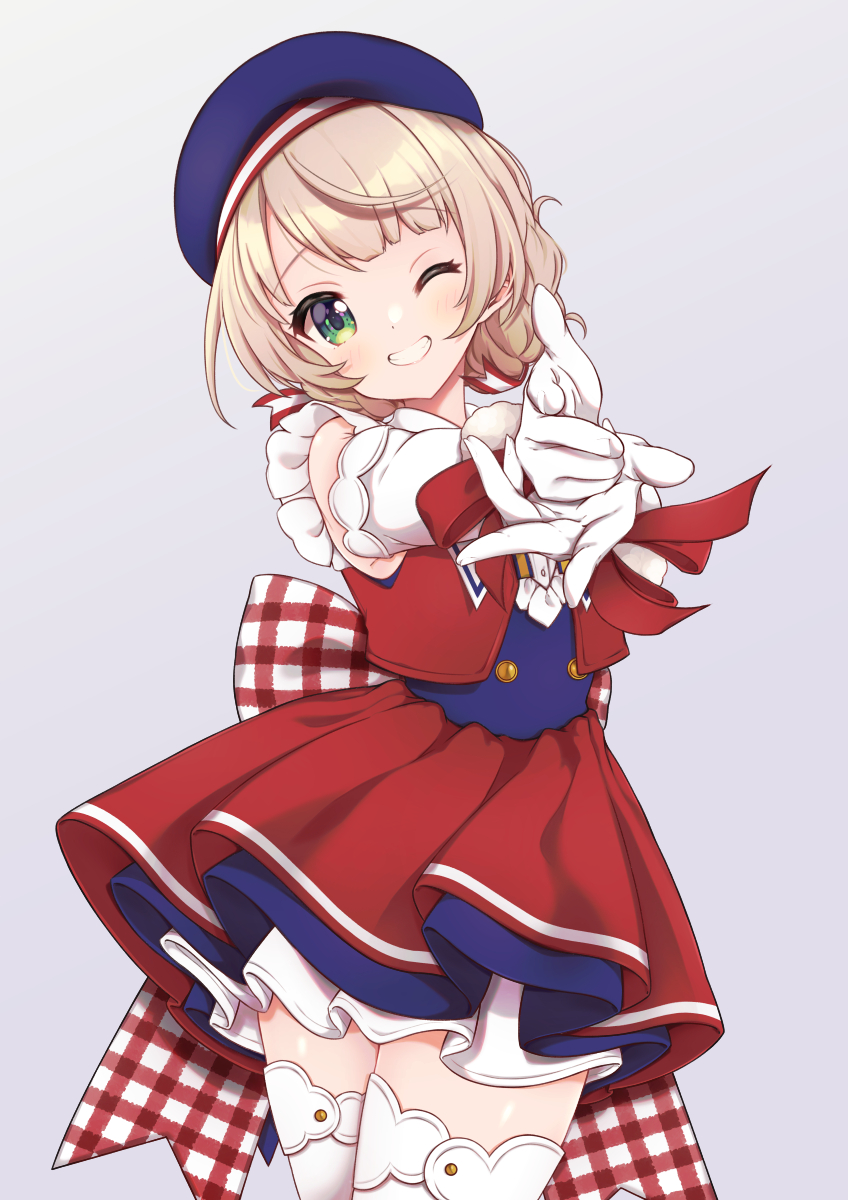 suzushika (13 96), shigure ui (vtuber), shigure ui (vtuber) (masterpiece), indie virtual youtuber, commentary, highres, symbol-only commentary, 1girl, back bow, beret, blonde hair, blue corset, blue hat, blunt bangs, blush, bow, braid, buttons, corset, cowboy shot, cropped vest, crossed legs, double-breasted, elbow gloves, finger gun, frilled shirt, frills, gloves, gradient background, green eyes, grey background, grin, hat, high-waist skirt, idol clothes, large bow, layered skirt, looking at viewer, miniskirt, nape braid, official alternate costume, official alternate hairstyle, petticoat, plaid bow, red skirt, red vest, shirt, short hair, simple background, skirt, smile, solo, standing, swept bangs, thick thighs, thighhighs, thighs, underbust, vest, virtual youtuber, white gloves, white shirt, white thighhighs