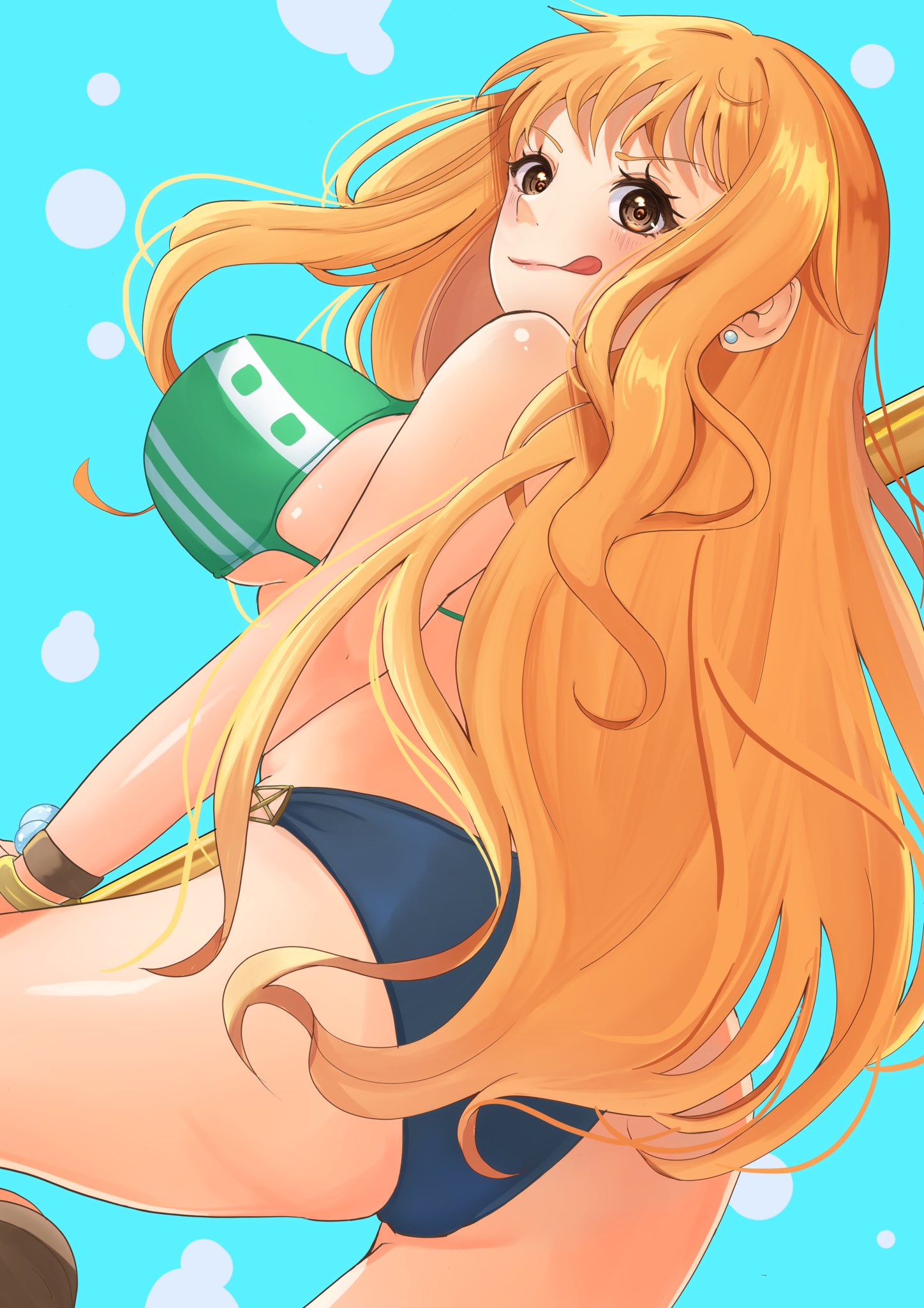 umi817, nami (one piece), one piece, commentary request, highres, 1girl, :q, ass, bangle, bare shoulders, bikini, blue background, blue bikini, blush, bracelet, breasts, brown eyes, clima-tact, closed mouth, cowboy shot, earrings, from behind, green bikini, holding, holding staff, jewelry, large breasts, log pose, long hair, looking at viewer, looking back, multicolored bikini, orange hair, solo, staff, stud earrings, swimsuit, tongue, tongue out, two-tone bikini, wavy hair