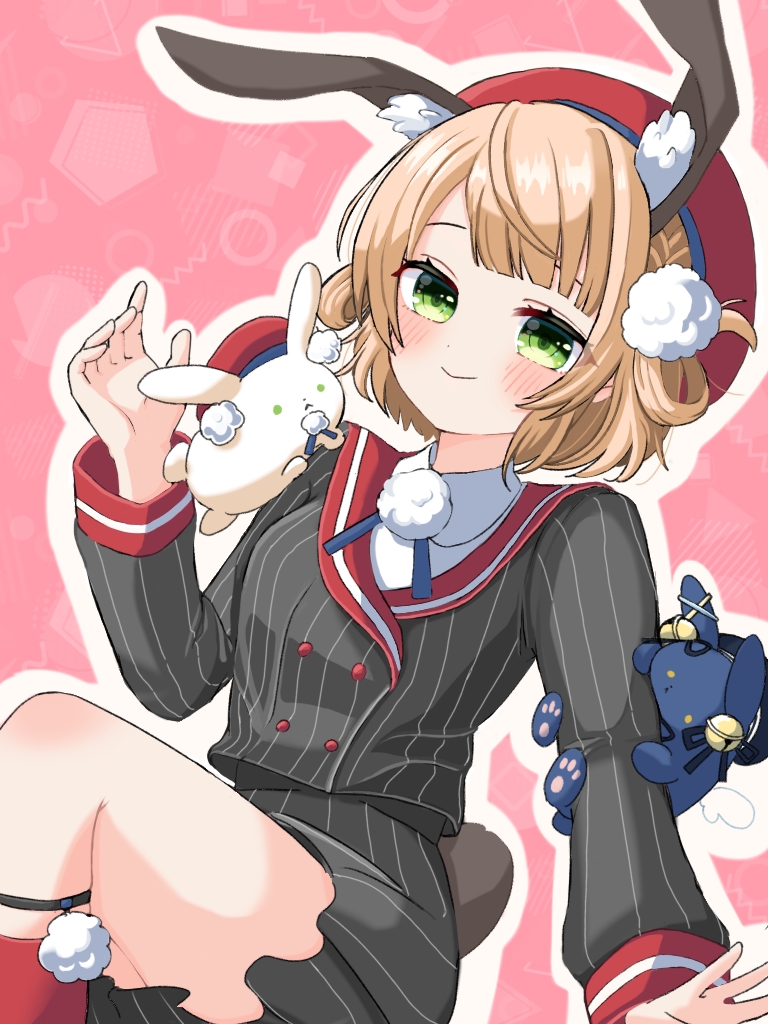 motimotiomoti723, shigure ui (vtuber), shigure ui (vtuber) (1st costume), indie virtual youtuber, commentary, 1girl, animal, animal ear fluff, animal ears, animal on arm, animal on shoulder, beret, blonde hair, blue ribbon, blunt bangs, braid, closed mouth, collared shirt, dress shirt, extra ears, feet out of frame, green eyes, grey jacket, grey skirt, hair ornament, hair rings, hand up, hat, jacket, kneehighs, legwear garter, long sleeves, looking at viewer, miniskirt, neck ribbon, outline, pink background, pinstripe jacket, pinstripe pattern, pinstripe skirt, pleated skirt, pom pom (clothes), pom pom hair ornament, rabbit, rabbit ears, red hat, red sailor collar, red socks, ribbon, sailor collar, school uniform, shirt, short hair, side braid, side part, side up ring, skirt, sleeve cuffs, smile, socks, solo, swept bangs, virtual youtuber, white outline, white shirt