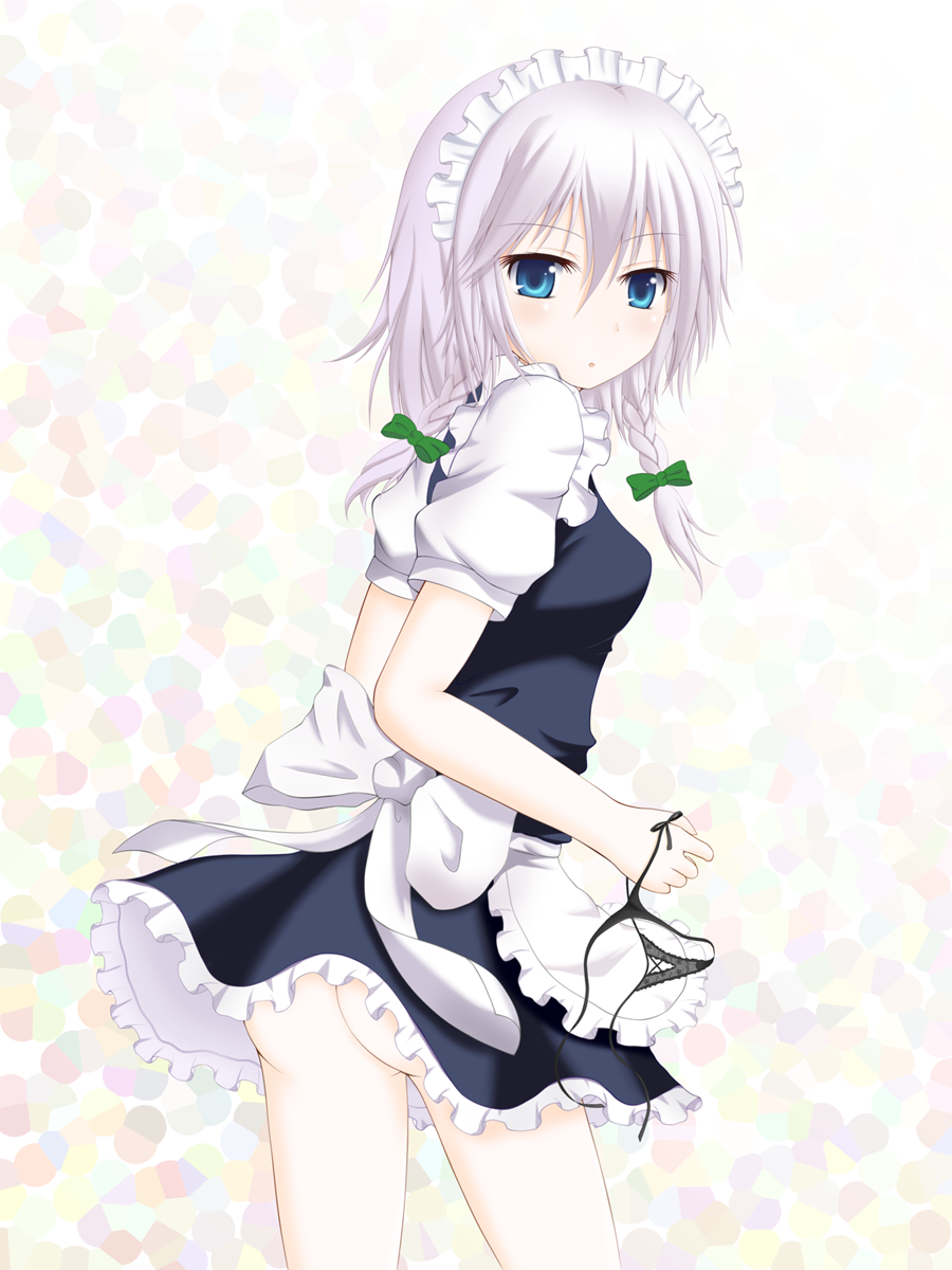kureha (lia0117), ru (pixiv), izayoi sakuya, touhou, silver hair, highres, 1girl, ass, bow, braid, female focus, hair ribbon, holding, holding panties, holding underwear, holding unworn clothes, maid, no panties, panties, ribbon, short hair, solo, twin braids, underwear, unworn panties