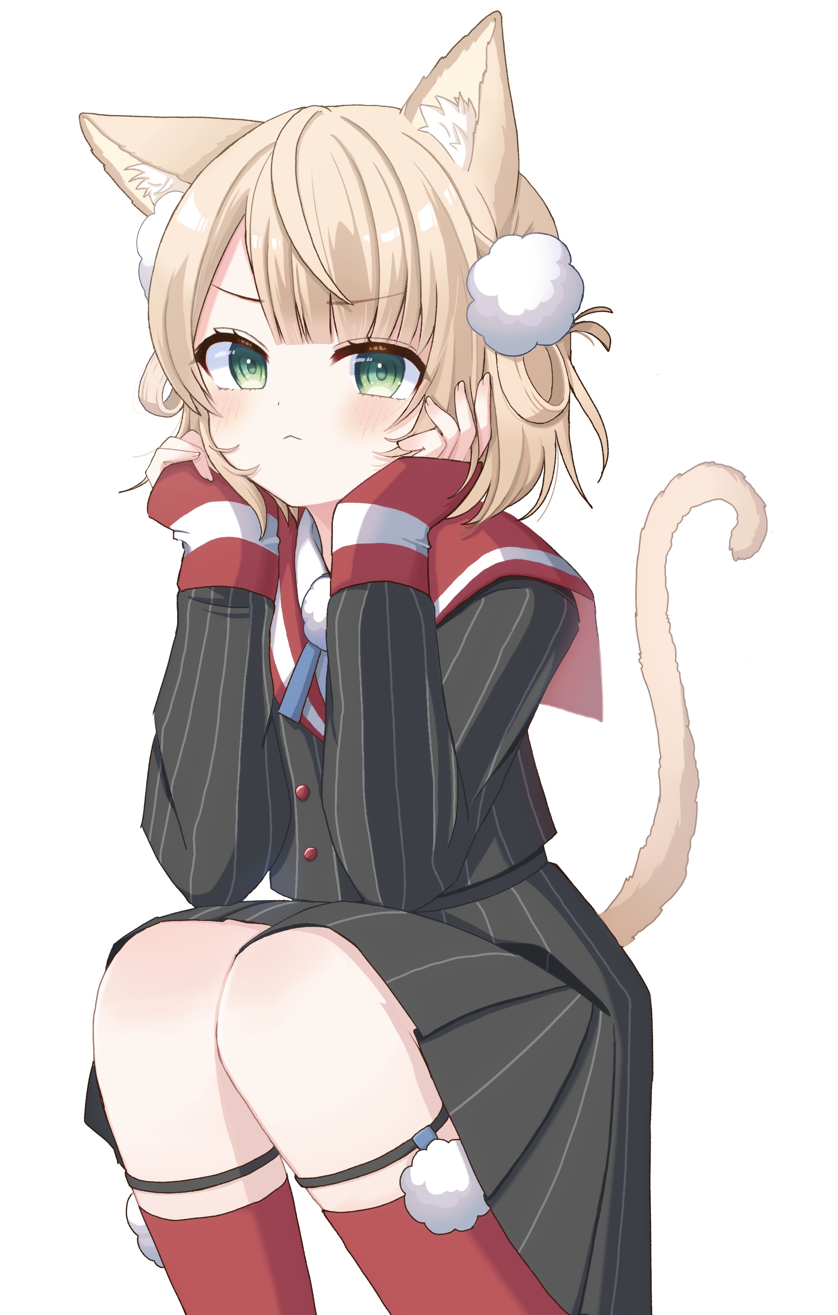 motimotiomoti723, shigure ui (vtuber), shigure ui (vtuber) (1st costume), indie virtual youtuber, absurdres, commentary, highres, >:(, 1girl, animal ears, blonde hair, blue ribbon, blunt bangs, blush, cat ears, cat girl, cat tail, collared shirt, dress shirt, elbows on knees, feet out of frame, green eyes, grey jacket, grey skirt, hair ornament, hair rings, hands on own cheeks, hands on own face, head rest, invisible chair, jacket, kemonomimi mode, knee blush, kneehighs, legwear garter, long sleeves, miniskirt, neck ribbon, no headwear, pinstripe jacket, pinstripe pattern, pinstripe skirt, pleated skirt, pom pom (clothes), pom pom hair ornament, red sailor collar, red socks, ribbon, sailor collar, school uniform, shirt, short hair, side part, side up ring, simple background, sitting, skirt, sleeve cuffs, socks, solo, swept bangs, tail, v-shaped eyebrows, virtual youtuber, white background, white shirt