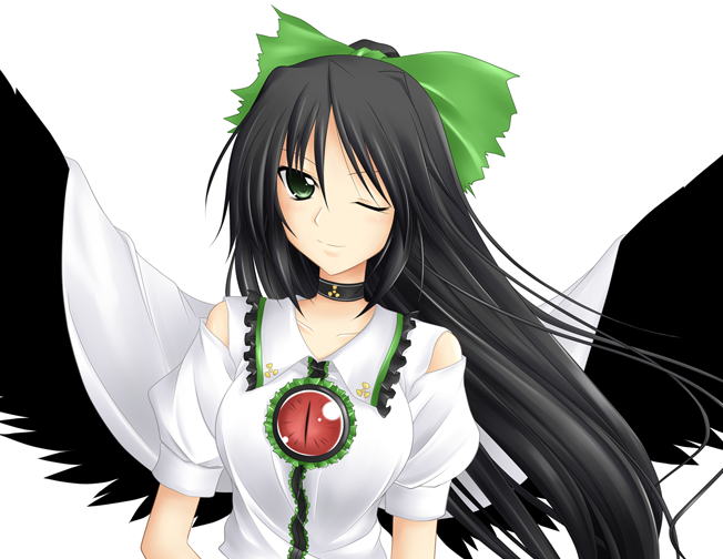 kirisaki byakko, reiuji utsuho, touhou, 1girl, black hair, bow, cape, female focus, green eyes, hair ribbon, long hair, one eye closed, ribbon, simple background, solo, upper body, white background, wings, wink