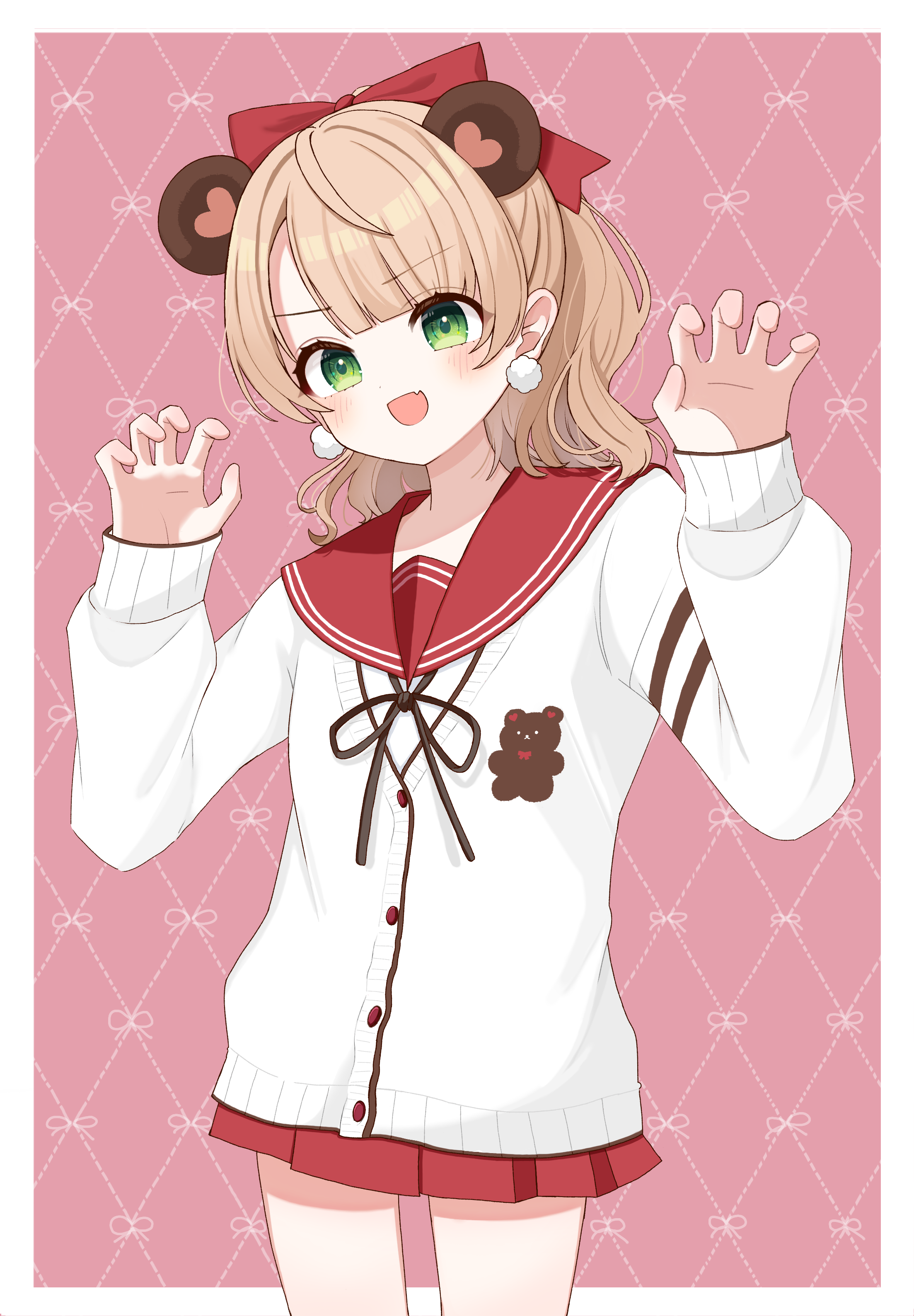 motimotiomoti723, shigure ui (vtuber), indie virtual youtuber, absurdres, commentary, highres, 1girl, :d, animal ears, argyle background, bear ears, blonde hair, blunt bangs, blush, buttons, cardigan, claw pose, cowboy shot, earrings, fake animal ears, fang, green eyes, half updo, jewelry, long hair, long sleeves, miniskirt, official alternate costume, open mouth, pink background, pleated skirt, pom pom (clothes), pom pom earrings, red sailor collar, sailor collar, school uniform, shirt, side part, skin fang, skirt, smile, solo, swept bangs, virtual youtuber, white cardigan, white shirt, wide ponytail