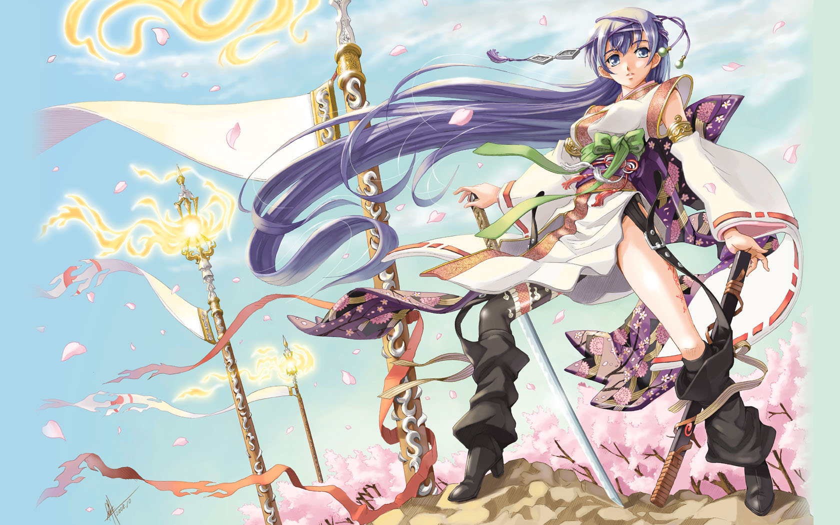 yuu (yuyukaikan), original, highres, 1girl, asymmetrical clothes, blue eyes, blue hair, boots, detached sleeves, female focus, katana, long hair, matching hair/eyes, obi, petals, sash, side slit, single thighhigh, solo, sword, thighhighs, weapon