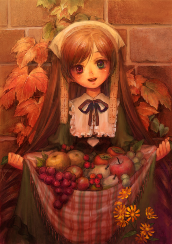 miya (foolish order), suiseiseki, rozen maiden, 00s, brown hair, flower, food, fruit, head tilt, headscarf, heterochromia, long hair, skirt basket, skirt hold, solo, white headscarf