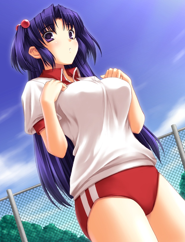 miyai sen, ichinose kotomi, clannad, 00s, 1girl, buruma, female focus, gym uniform, hair bobbles, hair ornament, long hair, purple eyes, purple hair, solo, two side up