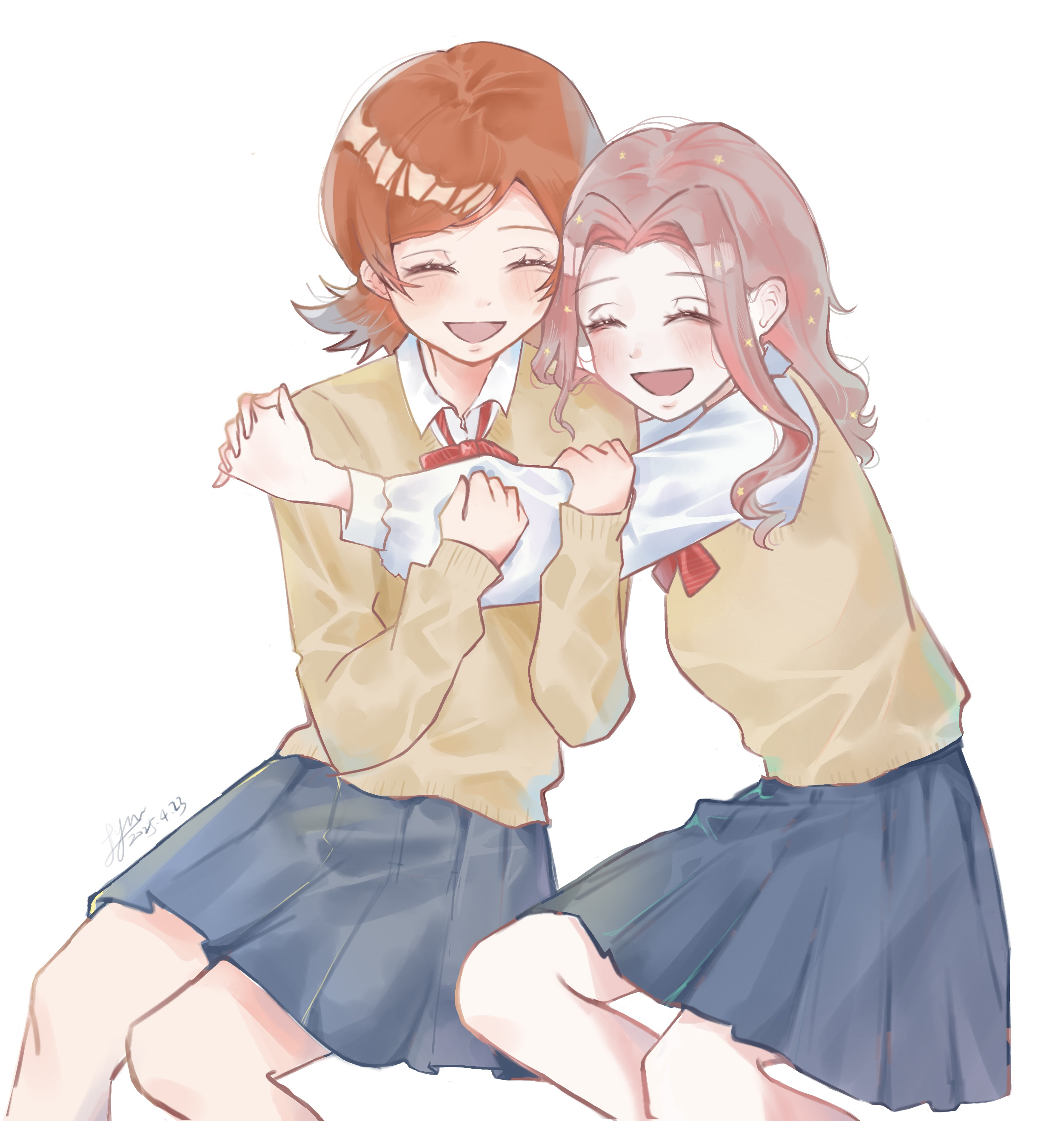 tachikawa mimi, takenouchi sora, digimon, 2girls, hug, multiple girls, pixiv user (4025235), school uniform, skirt, smile