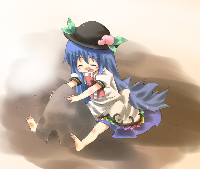 subachi, hinanawi tenshi, touhou, bad id, bad pixiv id, 1girl, aged down, barefoot, blue hair, blush, bow, building sand sculpture, child, feet, female focus, food, fruit, happy, hat, long hair, peach, ribbon, sand, sand castle, sand sculpture, sitting, smile, solo