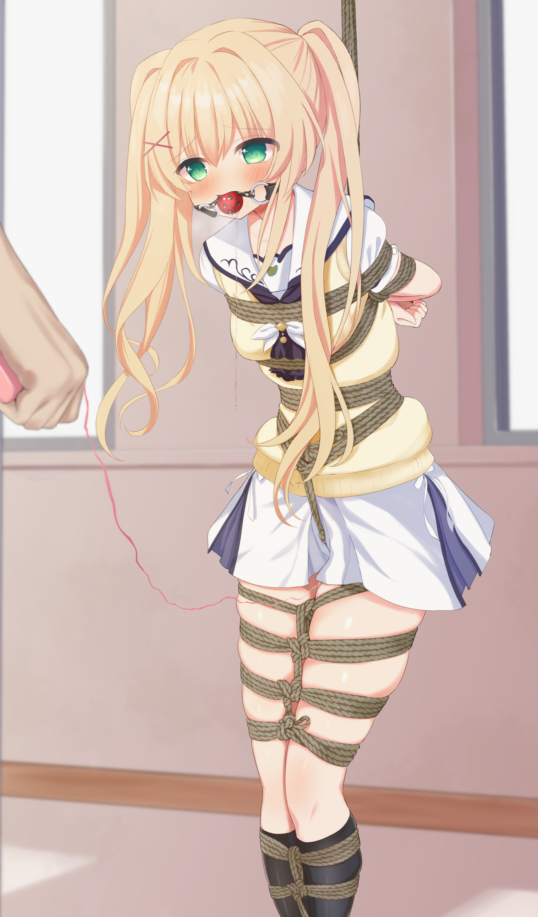 hamuta (machosbrown), tsumugi wenders, summer pockets, absurdres, commission, highres, skeb commission, 1girl, 1other, arms behind back, ball gag, bdsm, black socks, blonde hair, blue skirt, blush, bondage, bound, bound arms, bound legs, bound torso, breasts, clenched hand, collarbone, crotch rope, drooling, embarrassed, female focus, gag, gagged, green eyes, hair between eyes, hair ornament, hallway, indoors, kneehighs, legs, legs together, long hair, looking ahead, looking at another, looking up, miniskirt, multicolored skirt, neckerchief, neckerchief between breasts, perky breasts, pleated skirt, rope, saliva, saliva trail, school, school uniform, sex toy, shadow, shibari, shibari over clothes, shirt, short hair, sidelocks, skin tight, skindentation, skirt, small breasts, socks, solo focus, sunlight, sweater, sweater vest, thighs, twintails, very long hair, white shirt, white skirt, window, x hair ornament, yellow sweater, yellow sweater vest