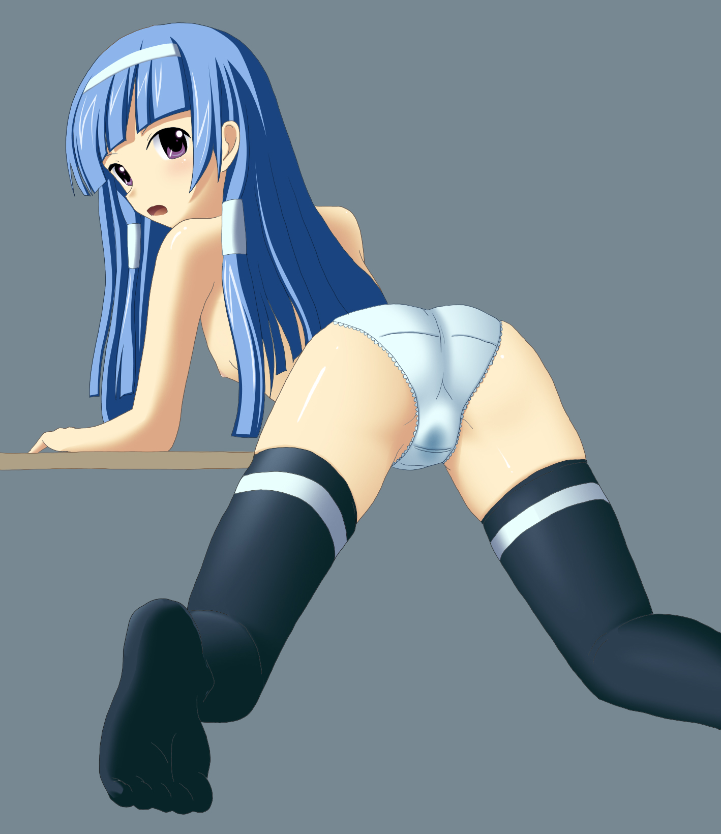 kuresu (alice-pma), nagi, kannagi, bad id, bad pixiv id, highres, 00s, 1girl, bad anatomy, blue hair, blue panties, blunt bangs, female focus, flat chest, long hair, nipples, nude, panties, poorly drawn, socks, solo, underwear, wet