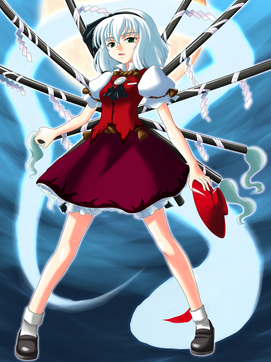 iwako, konpaku youmu, konpaku youmu (ghost), yasaka kanako, touhou, silver hair, highres, 1girl, female focus, fusion, ghost, hitodama, if they mated, katana, ribbon, short hair, solo, sword, weapon