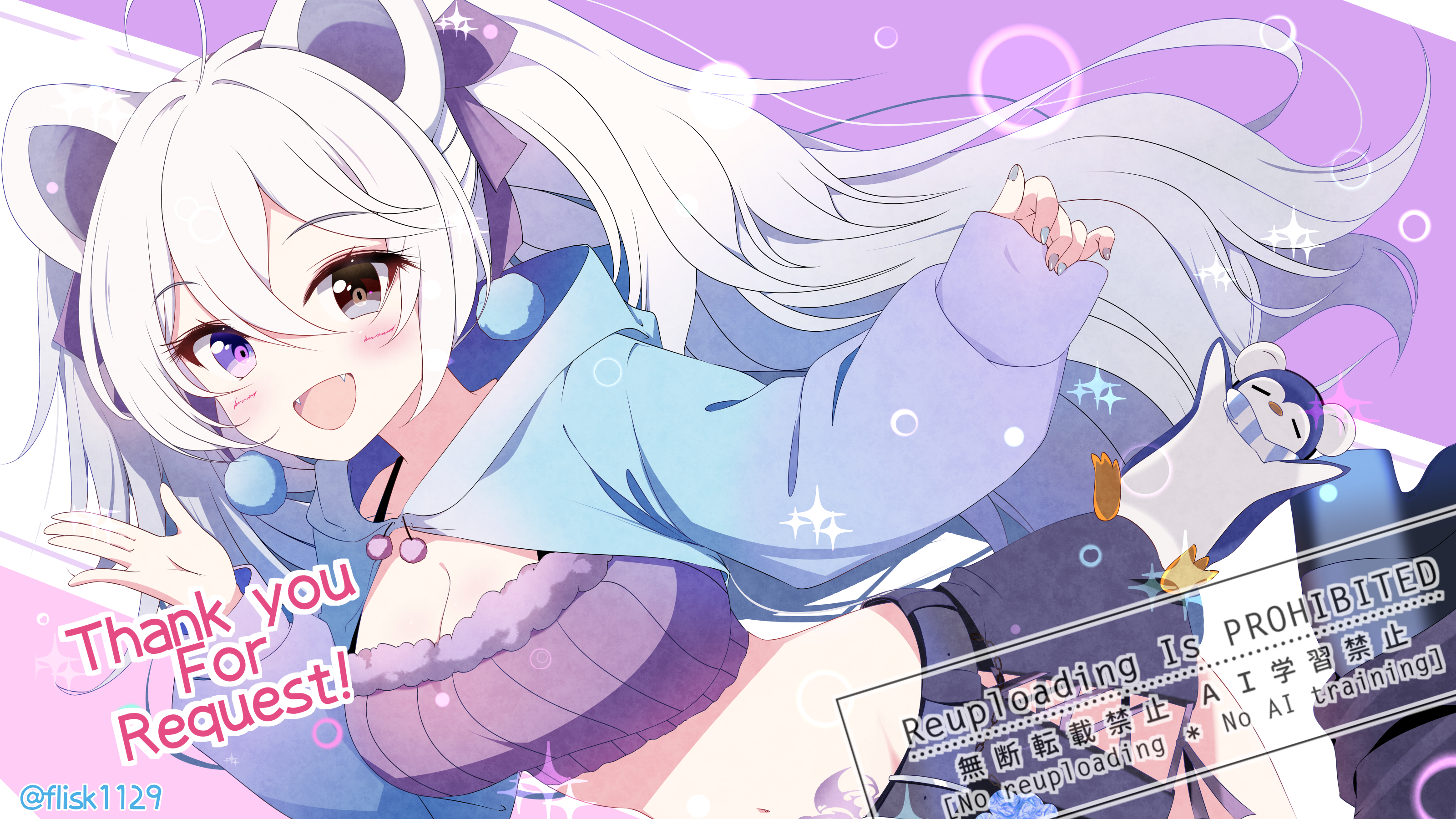 furisuku (gerbera), fuufie, indie virtual youtuber, absurdres, highres, 1girl, ahoge, animal ears, black eyes, blue jacket, breasts, cleavage, crop top, fangs, gradient clothes, gradient jacket, grey shirt, grey skirt, heterochromia, jacket, large breasts, long hair, long sleeves, looking at viewer, midriff, miniskirt, navel, open clothes, open jacket, open mouth, puffy long sleeves, puffy sleeves, purple eyes, ribbed shirt, shirt, side slit, skirt, sleeveless, sleeveless shirt, smile, solo, stomach, very long hair, virtual youtuber, white hair