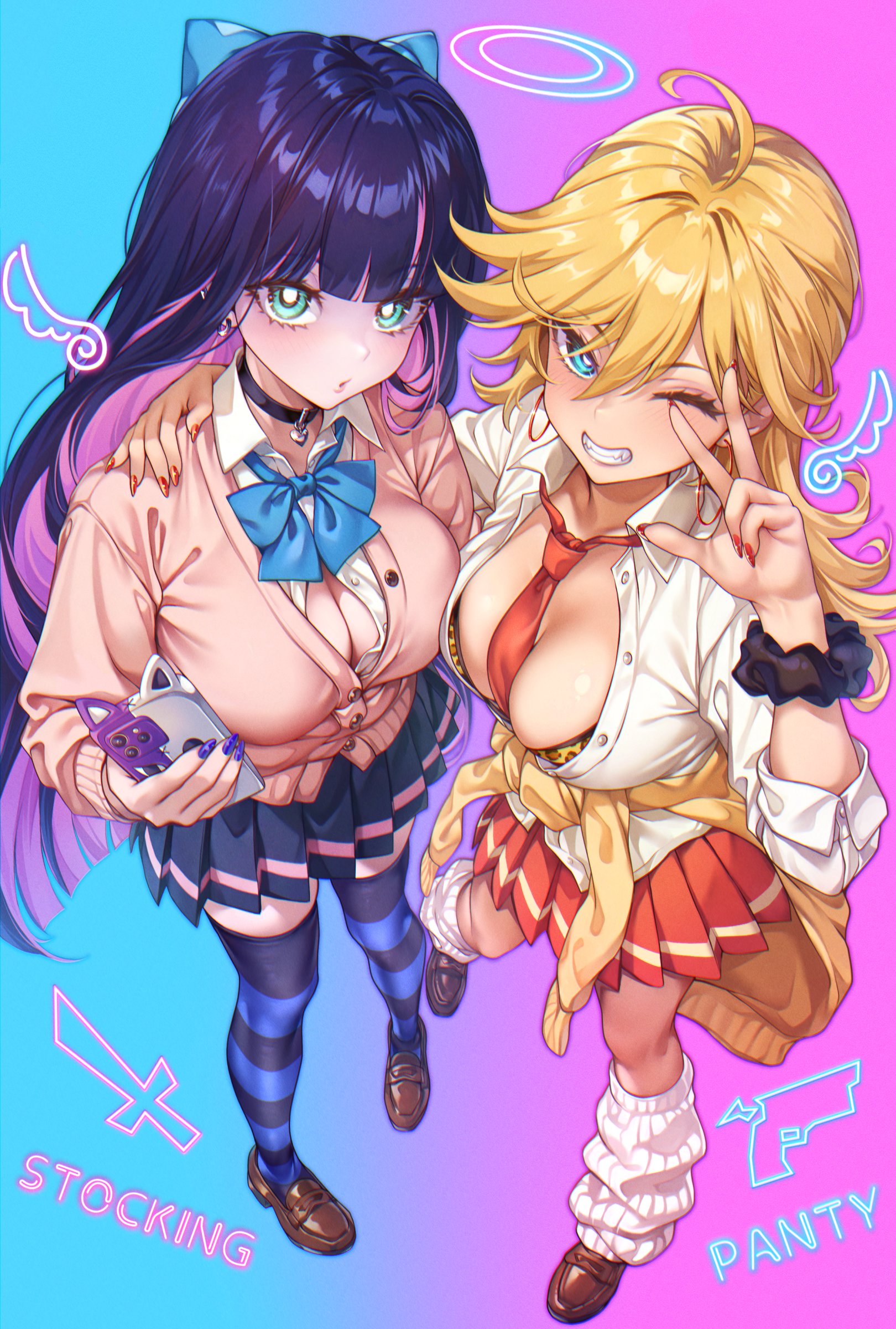 shashaki, panty (psg), stocking (psg), panty & stocking with garterbelt, absurdres, commentary request, highres, 2girls, ;d, ahoge, animal print, between breasts, black choker, black hair, black skirt, blonde hair, blue background, blue bow, blue bowtie, blue eyes, bow, bowtie, bra, bra peek, breasts, bright pupils, brown shoes, cardigan, cardigan around waist, cellphone, character name, choker, cleavage, clothes around waist, collared shirt, colored inner hair, colored sclera, earrings, full body, gradient background, grin, hair bow, hand on another's shoulder, hand up, heart, heart choker, holding, holding phone, hoop earrings, horizontal-striped thighhighs, jewelry, large breasts, leopard print, loafers, looking at viewer, loose bowtie, loose necktie, loose socks, mars symbol, miniskirt, multicolored hair, multiple girls, necktie, necktie between breasts, one eye closed, open mouth, parted lips, partially unbuttoned, phone, pink background, pink cardigan, pink hair, pleated skirt, purple thighhighs, red nails, red necktie, red skirt, scrunchie, shirt, shoes, siblings, sisters, skirt, smartphone, smile, socks, thighhighs, two-tone background, underwear, venus symbol, w, white pupils, white shirt, white socks, wrist scrunchie, zettai ryouiki