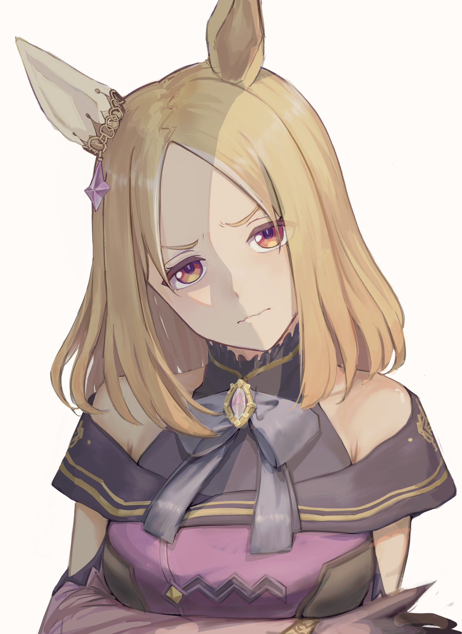 o ko ge2024, narita top road (the proud road) (umamusume), narita top road (umamusume), umamusume, highres, 1girl, animal ears, arms under breasts, bare shoulders, blonde hair, bow, breasts, closed mouth, dress, ear covers, ear ornament, gradient eyes, horse ears, horse girl, long sleeves, looking at viewer, medium breasts, multicolored eyes, purple dress, purple eyes, short hair, simple background, single ear cover, solo, upper body, white background