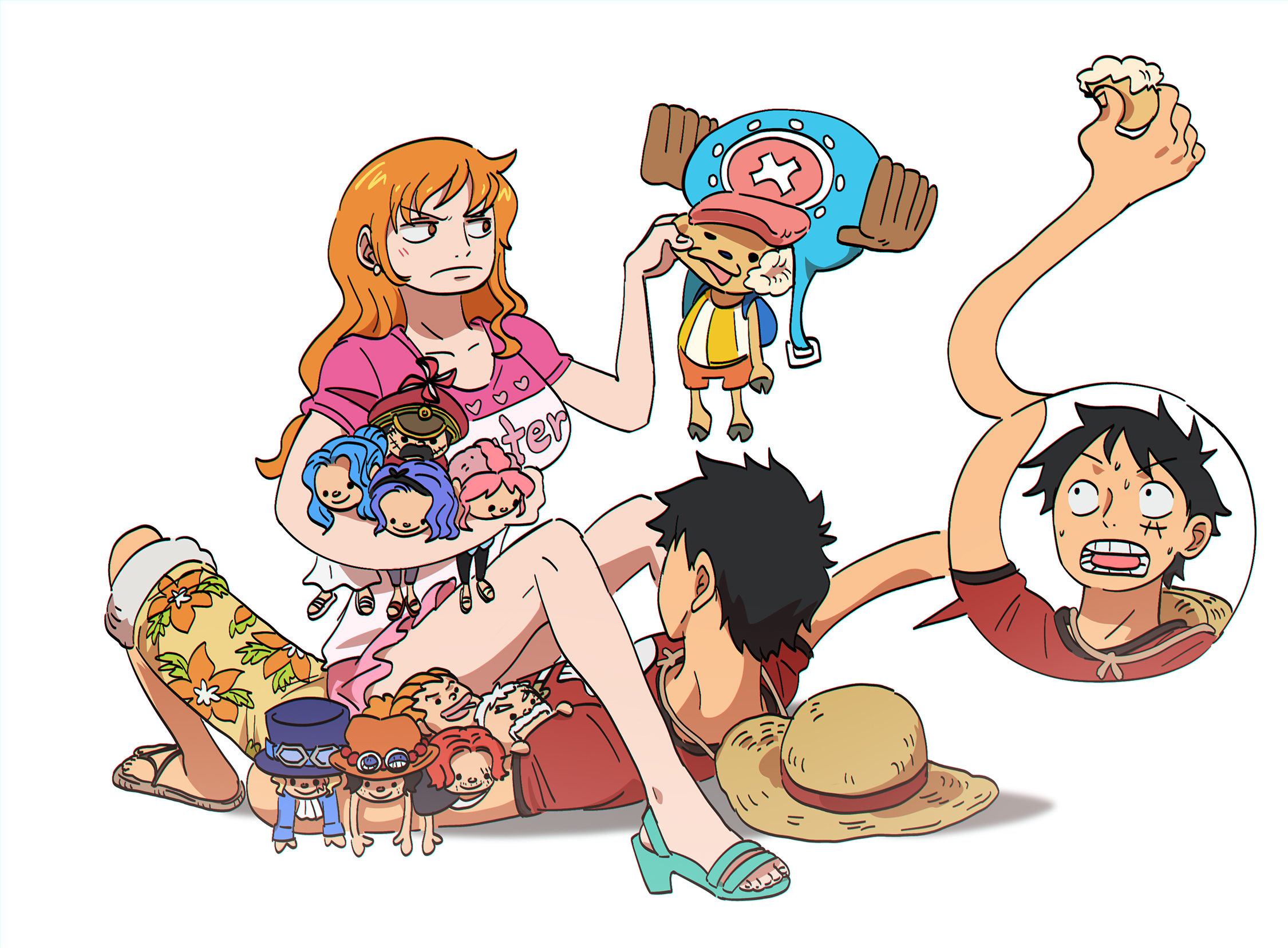 shampowrado, bellemere, curly dadan, genzo (one piece), monkey d. garp, monkey d. luffy, nami (one piece), nefertari vivi, nojiko (one piece), portgas d. ace, sabo (one piece), shanks (one piece), tony tony chopper, one piece, highres, 1boy, 1girl, aqua sandals, bare arms, bare legs, black hair, breasts, character doll, closed mouth, devil fruit power, doll, earrings, elasticity, extendable limbs, facial scar, floral print, full body, girl on top, hat, holding, holding doll, jewelry, large breasts, long hair, lying, nervous sweating, official alternate costume, on back, open mouth, orange hair, pink shirt, pink skirt, print shorts, red shirt, sandals, scar, scar on cheek, scar on face, shirt, short sleeves, shorts, sitting, sitting on person, skirt, straw hat, stud earrings, stuffed toy, sweat, unworn hat, unworn headwear, wavy hair, white background, yellow shorts