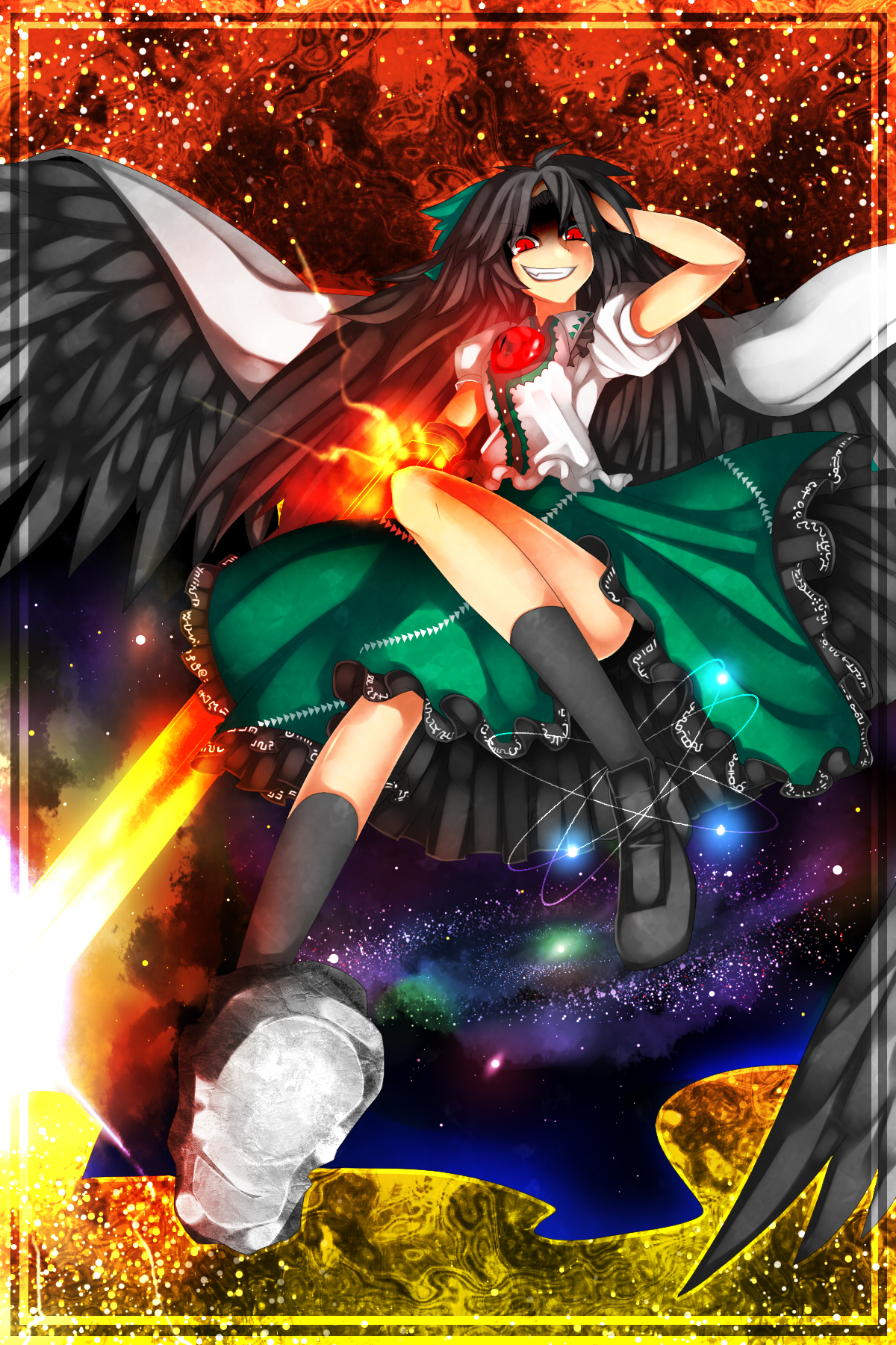 kazetto, reiuji utsuho, touhou, highres, 1girl, black hair, bow, cape, female focus, full body, glowing, hair ribbon, red eyes, ribbon, skirt, socks, solo, wings