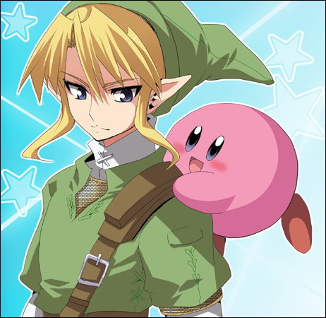 kirby, link, kirby (series), nintendo, super smash bros., the legend of zelda, lowres, 1boy, blonde hair, blue eyes, male focus, pointy ears, smile, solo