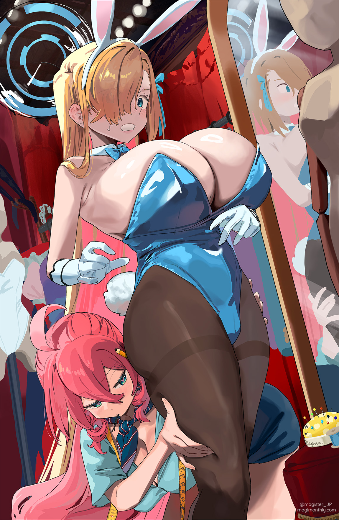 magister, asuna (blue archive), asuna (bunny) (blue archive), pandora smith (magister), sakuraba himari (magister), blue archive, original, commentary, english commentary, highres, 2girls, animal ears, asuna (blue archive) (cosplay), bare shoulders, blonde hair, blue eyes, blue leotard, blush, breasts, cleavage, cosplay, detached collar, hair over one eye, halo, huge breasts, leotard, long hair, looking at viewer, mirror, multiple girls, open mouth, pantyhose, pink hair, rabbit ears, thighband pantyhose, thighs, very long hair