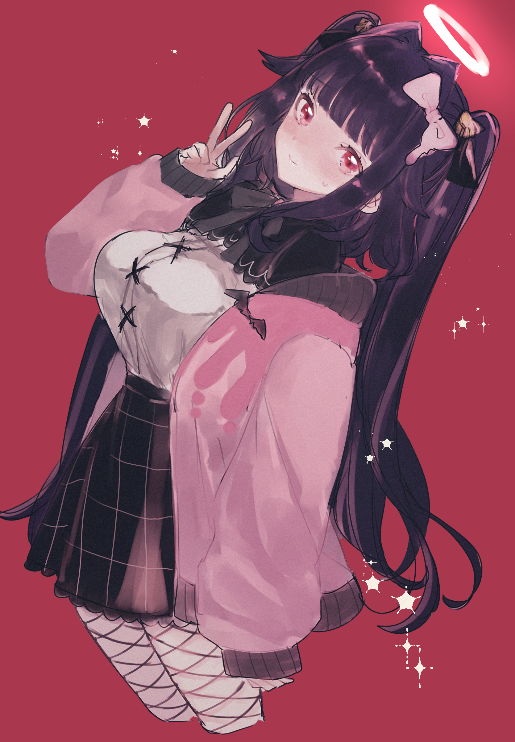 eurasia (wtp09ptw14), original, absurdres, commentary request, highres, 1girl, black skirt, blunt bangs, blush, bow, breasts, closed mouth, cropped legs, fishnet pantyhose, fishnets, hair bow, halo, hand up, jacket, large breasts, long hair, long sleeves, looking at viewer, miniskirt, open clothes, open jacket, pantyhose, pink bow, pink jacket, purple hair, red background, red eyes, shirt, shirt tucked in, simple background, sketch, skirt, sleeves past wrists, smile, solo, w, white halo, white shirt