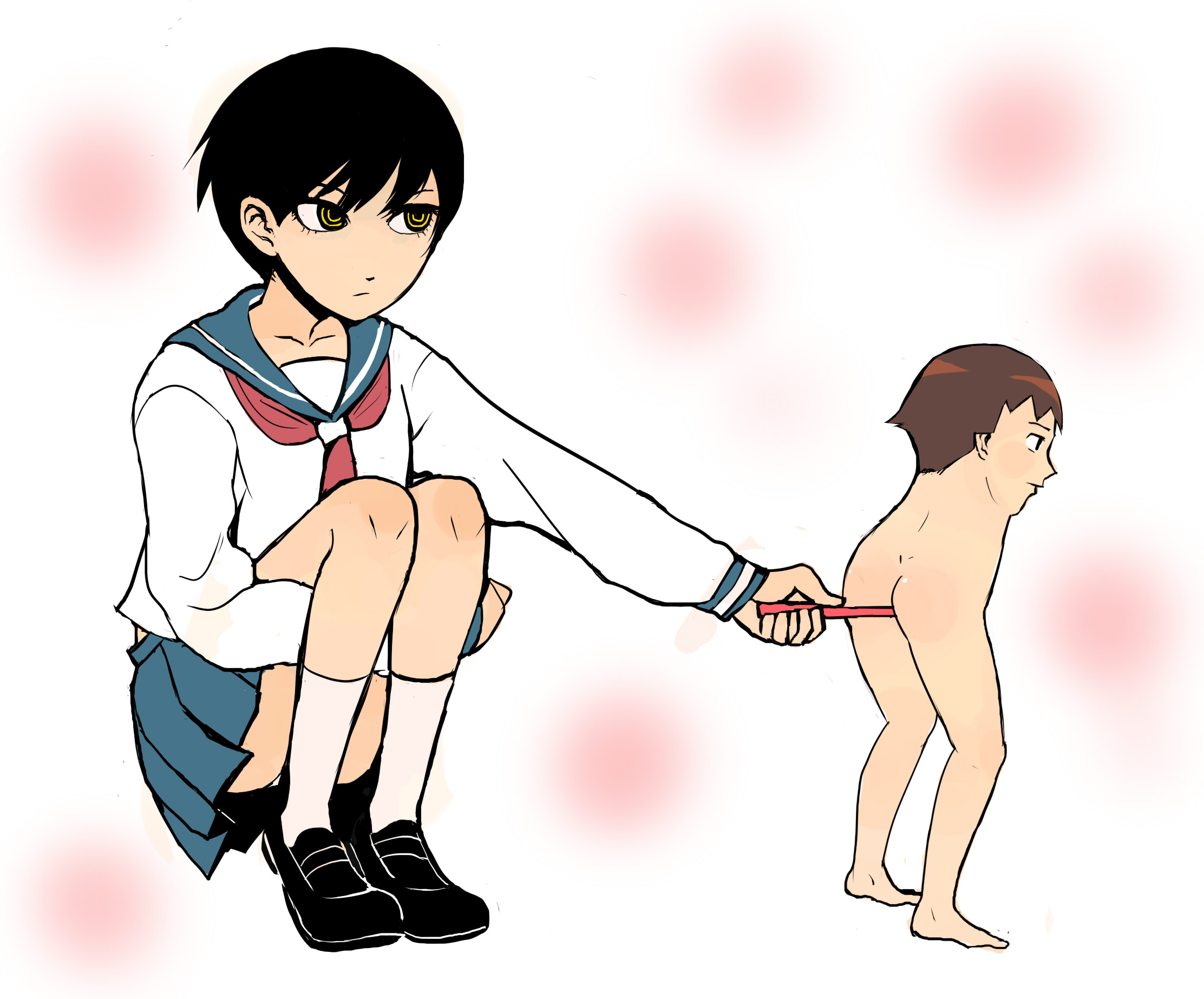 aasu, earth kai, oyomotin, butt imoko, mitama mayo, ono no imoko, gag manga biyori, sayonara zetsubou sensei, highres, 00s, 1girl, anal, anal object insertion, ass, black hair, crossover, object insertion, panties, ringed eyes, school uniform, serafuku, short hair, squatting, stick, underwear, what, yellow eyes
