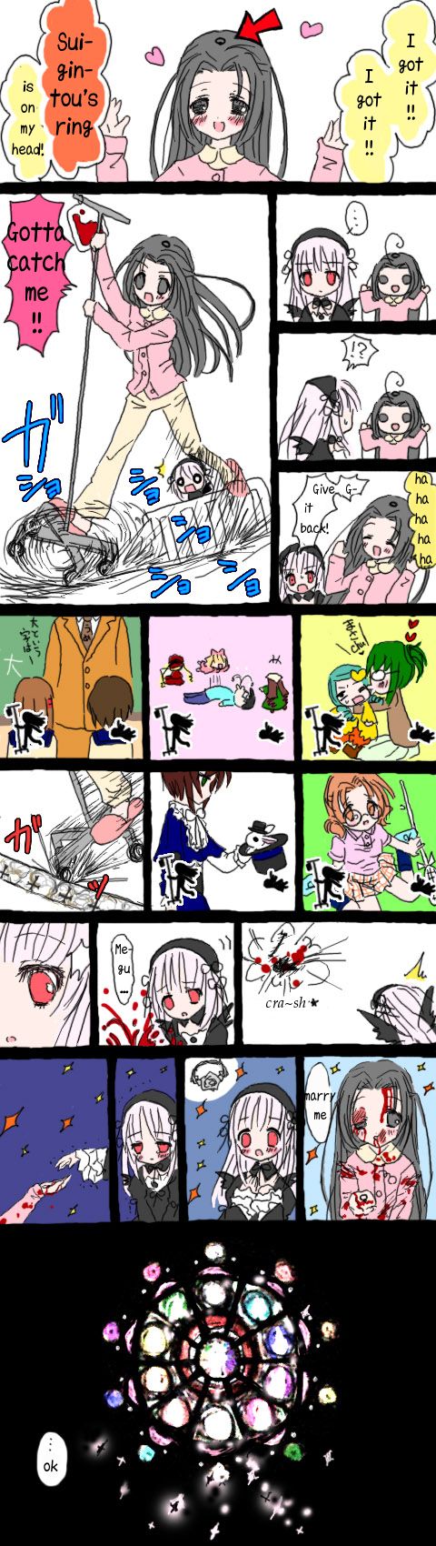 hinaichigo, kakizaki megu, kanaria, kashiwaba tomoe, kusabue mitsu, laplace's demon (rozen maiden), sakurada jun, sakurada nori, shinku, souseiseki, suigintou, suiseiseki, rozen maiden, hard-translated, highres, long image, tall image, third-party edit, translated, 00s, 1boy, 6+girls, ahoge, blonde hair, blood, comic, multiple girls, yuri