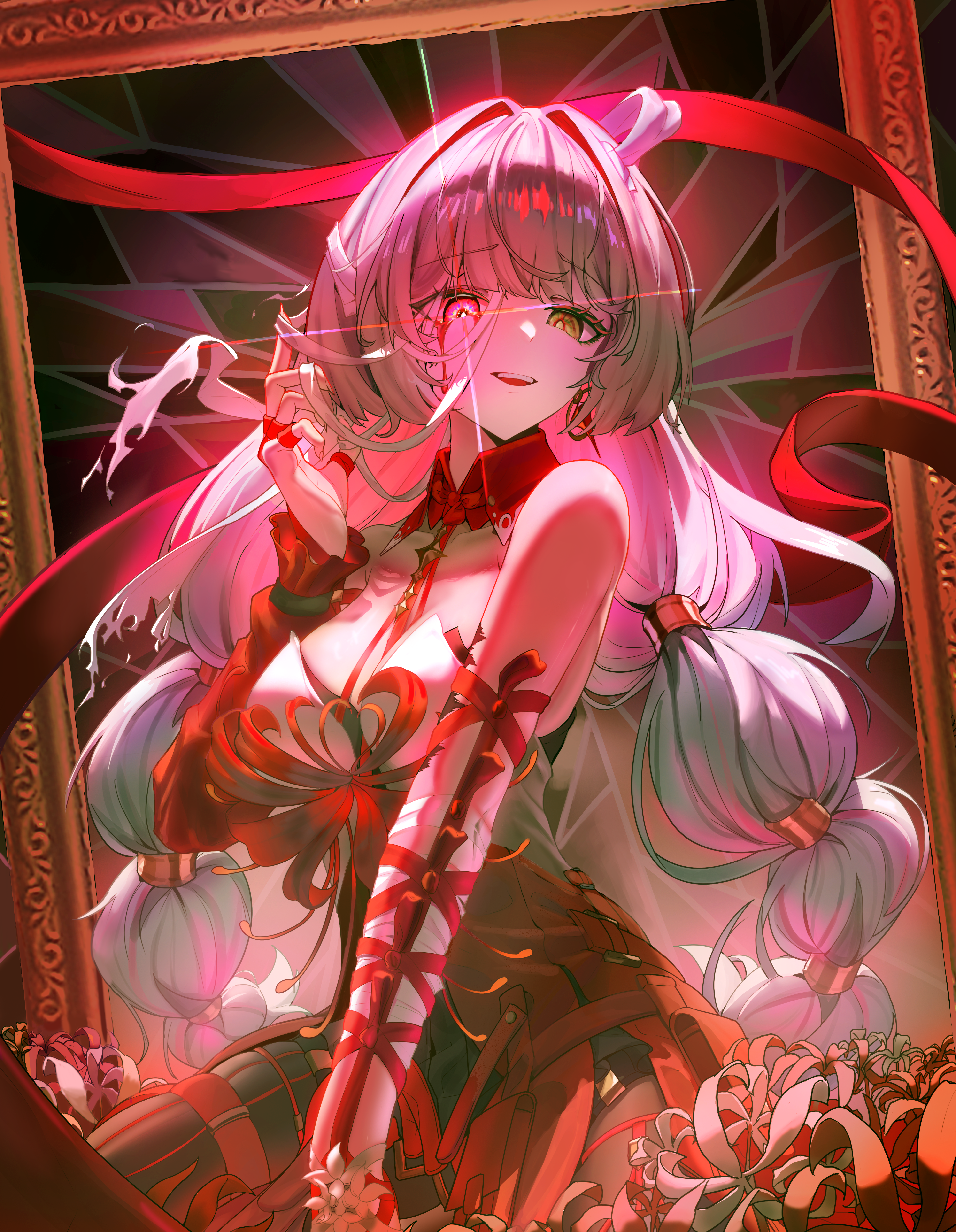 riruru (dlarp0309), phrolova (wuthering waves), wuthering waves, absurdres, commentary, highres, 1girl, bandaged arm, bandages, bare shoulders, black pantyhose, black skirt, blood, bloody tears, braid, breasts, crazy smile, detached sleeves, dress, earrings, flower, grey eyes, grey hair, halter dress, halterneck, hand up, heterochromia, jewelry, long hair, looking at viewer, loose bandages, low twin braids, medium breasts, multicolored hair, pantyhose, red dress, red eyes, single detached sleeve, skirt, smile, solo, spider lily, streaked hair, tacet mark (wuthering waves), twin braids