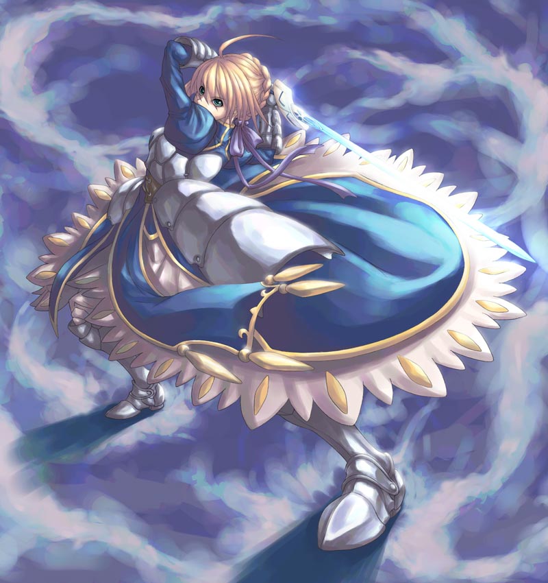 teku (2nd escape), artoria pendragon (fate), saber (fate), fate/stay night, fate (series), 00s, 1girl, ahoge, armor, armored dress, blonde hair, dress, female focus, solo, sword, weapon