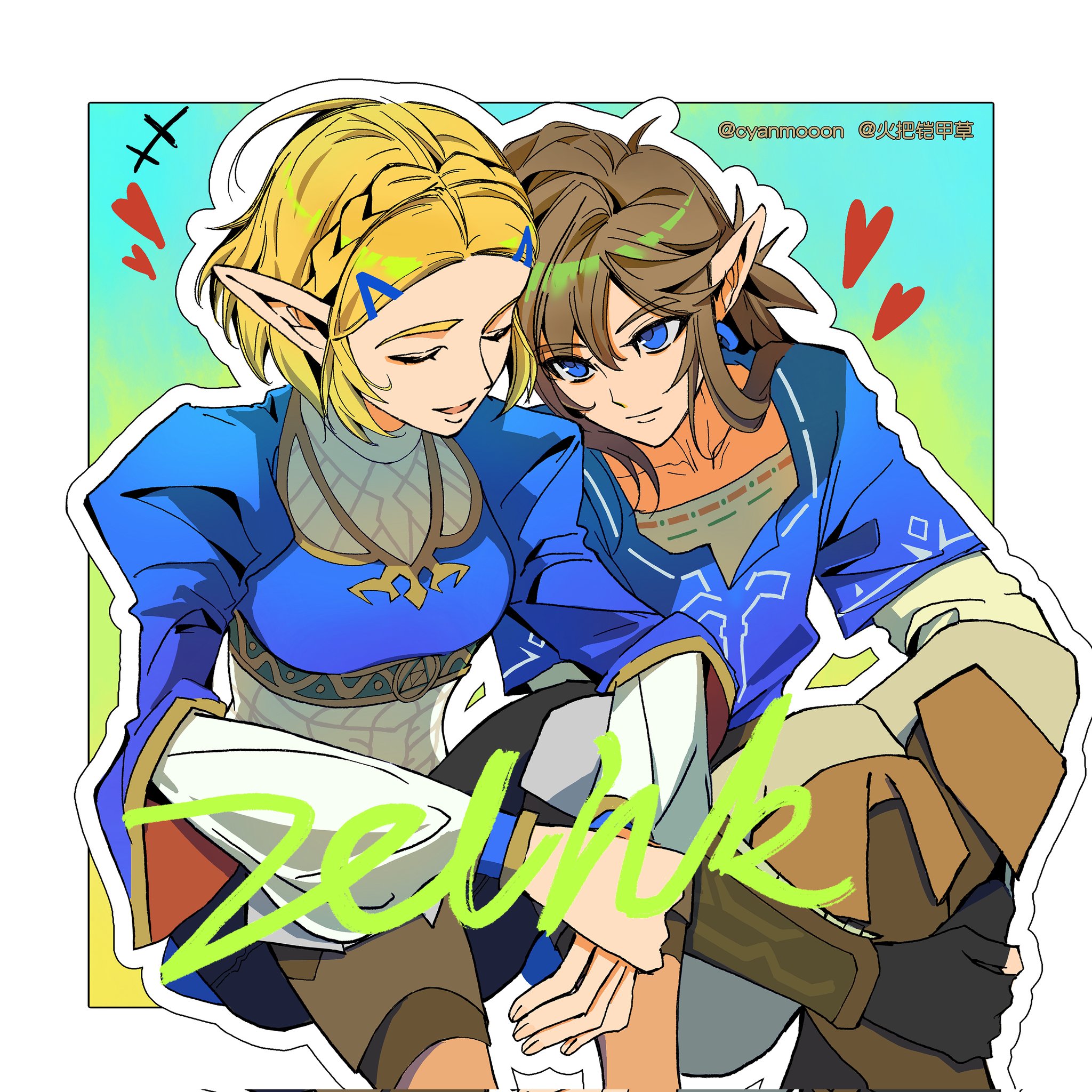 shuo yue, link, princess zelda, nintendo, the legend of zelda, the legend of zelda: breath of the wild, the legend of zelda: tears of the kingdom, highres, 1boy, 1girl, aqua background, black pants, blue eyes, blue shirt, blue tunic, boots, border, braid, breasts, brown boots, closed eyes, closed mouth, couple, crown braid, earrings, gold trim, grey pants, hair between eyes, hair ornament, hairclip, hetero, hugging own legs, jewelry, juliet sleeves, long sleeves, looking at another, low ponytail, medium breasts, medium hair, pants, parted bangs, parted lips, pointy ears, ponytail, puffy sleeves, ship name, shirt, short hair, sidelocks, sitting, smile, tunic, twitter username, white border