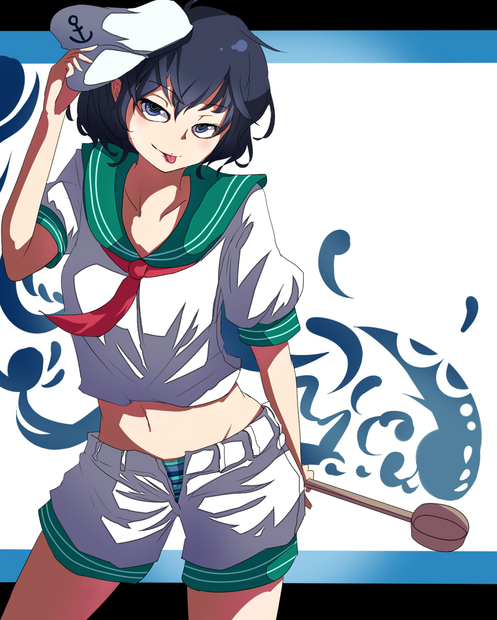 kira91, murasa minamitsu, touhou, highres, 1girl, anchor symbol, black hair, blue eyes, collared shirt, cowboy shot, hand on headwear, hat, holding, holding ladle, ladle, looking at viewer, midriff, navel, neckerchief, open fly, panties, panty peek, red neckerchief, sailor hat, shirt, short hair, short sleeves, shorts, simple background, solo, striped clothes, striped panties, tongue, tongue out, underwear, white hat, white shirt, white shorts