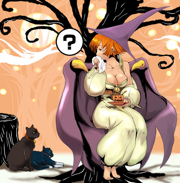 okazuwa shake, tabasa, capcom, warzard, 1girl, ?, barefoot, blue eyes, boots, breasts, cape, cat, chair, claws, cleavage, cup, dress, female focus, full body, halloween, hat, jack-o'-lantern, looking back, moon, orange hair, outdoors, pumpkin, red hair, short hair, sitting, solo, tea, teacup, tree, witch, witch hat
