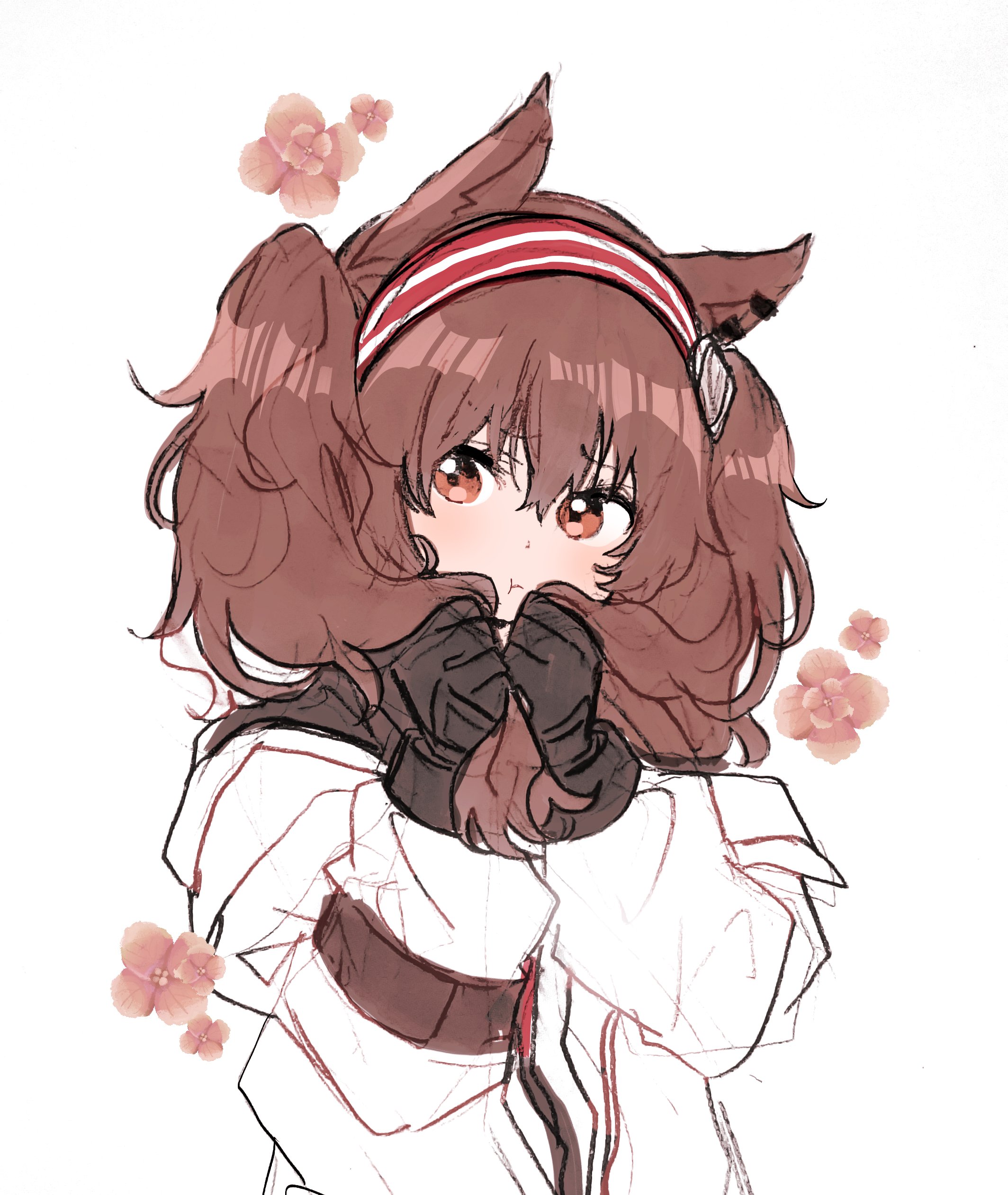 5rwpvc, angelina (arknights), arknights, absurdres, highres, 1girl, animal ears, black gloves, brown hair, bunching hair, coat, dot nose, earpiece, flower, fox ears, fox girl, gloves, hair between eyes, hairband, long hair, pout, red eyes, red flower, red hairband, simple background, solo, striped clothes, striped hairband, twintails, two-tone hairband, upper body, white background, white coat
