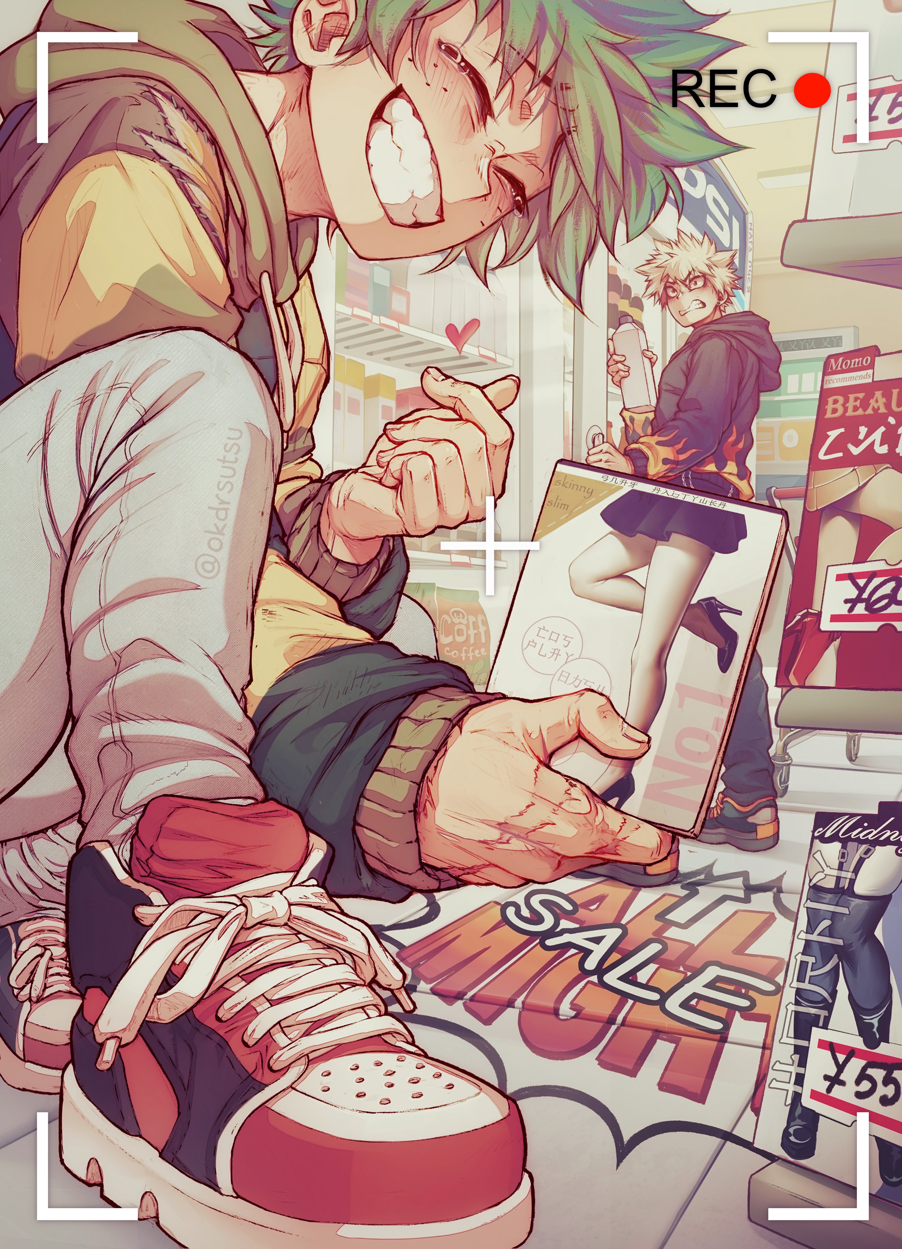 i cho (okdrsutsu), bakugou katsuki, midoriya izuku, boku no hero academia, absurdres, highres, 2boys, angry, black pants, black skirt, blonde hair, brown jacket, finger heart, flame print, green hair, grey pants, grin, heart, high heels, holding, hood, hood down, indoors, jacket, male focus, milk carton, multiple boys, pants, recording, red eyes, shoes, short hair, skirt, smile, spiked hair, standing, teeth