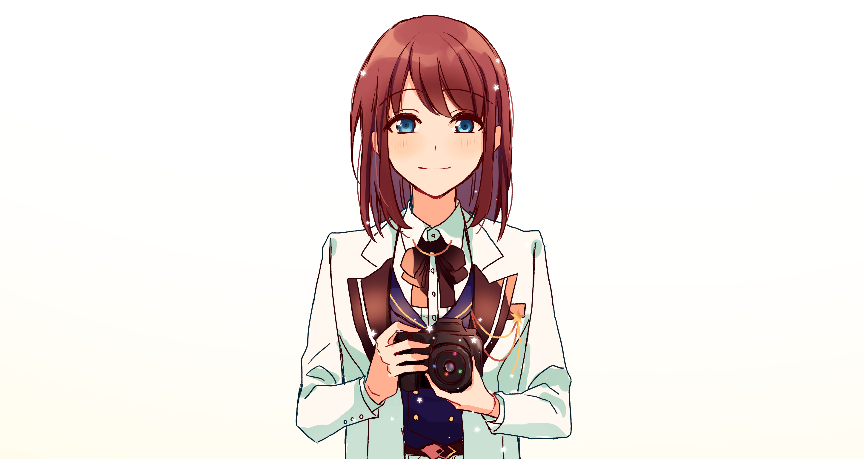 zu tonatuyasumi, anzu (ensemble stars!), ensemble stars!, highres, 1girl, blue eyes, blue vest, brown hair, camera, closed mouth, hair between eyes, holding, holding camera, jacket, long sleeves, looking at viewer, medium hair, open clothes, open jacket, simple background, smile, solo, straight-on, upper body, vest, white background, white jacket