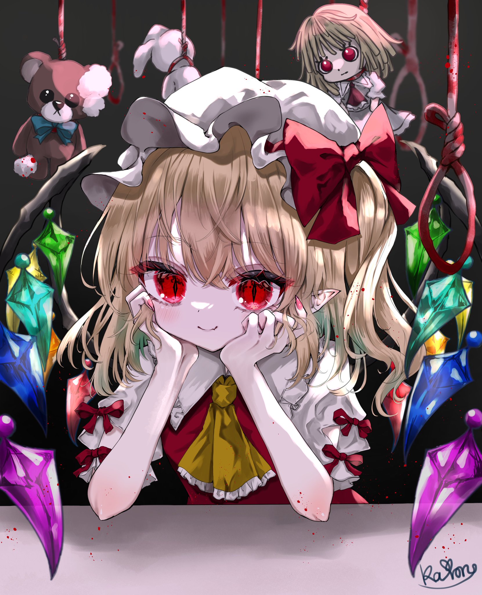kayon (touzoku), flandre scarlet, touhou, commentary, highres, 1girl, ascot, blonde hair, bow, closed mouth, collared shirt, crystal, crystal wings, doll, frilled shirt collar, frills, hands on own cheeks, hands on own face, hat, hat bow, looking at viewer, mob cap, multicolored wings, noose, one side up, pointy ears, red bow, red eyes, red skirt, red vest, shirt, signature, skirt, smile, solo, stuffed animal, stuffed toy, stuffing, teddy bear, vest, white hat, wings, yellow ascot