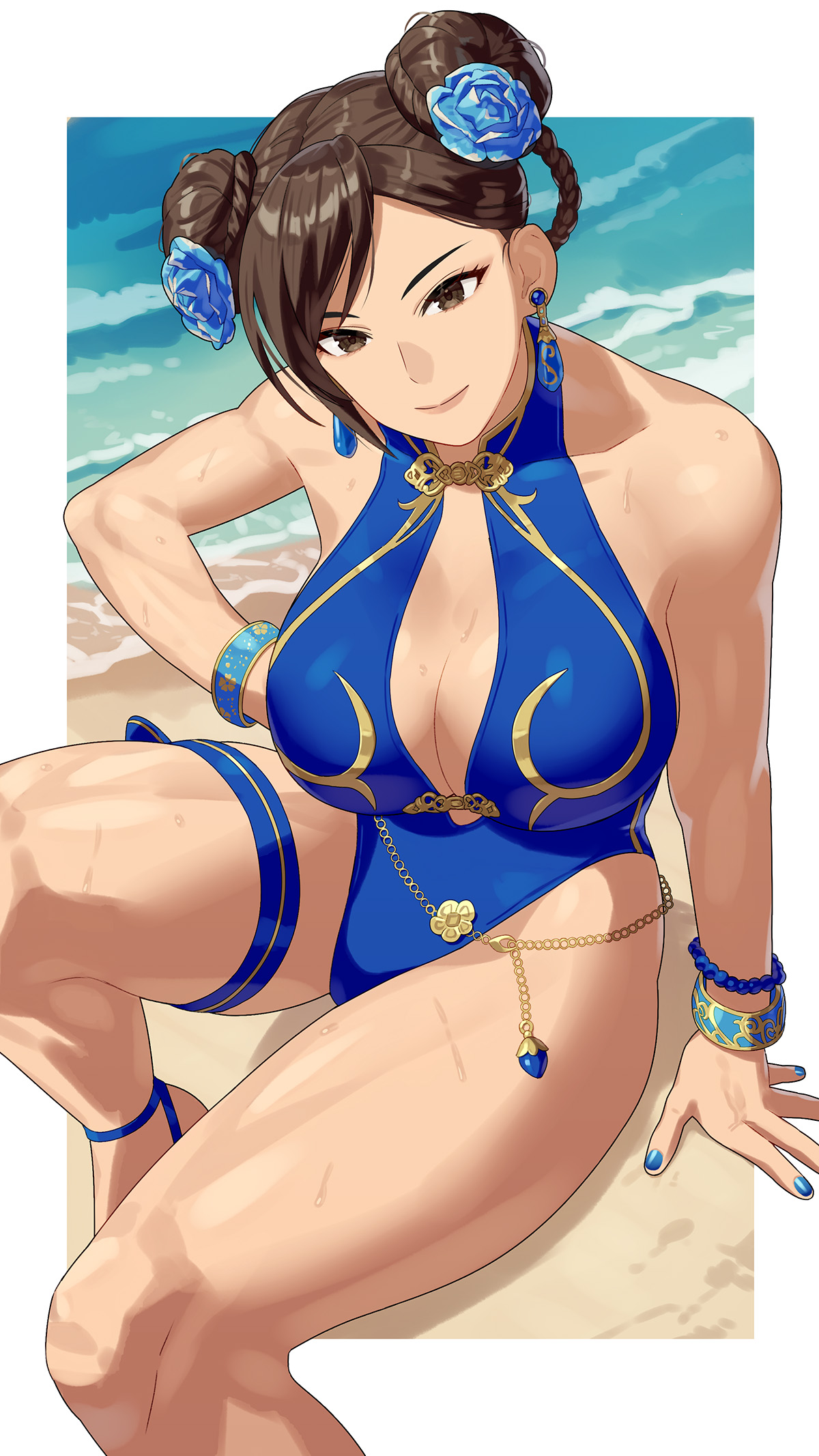 yagi2013, chun-li, capcom, street fighter, street fighter 6, commentary, highres, revision, 1girl, bare arms, beach, blue nails, blue one-piece swimsuit, bracelet, breasts, brown eyes, brown hair, casual one-piece swimsuit, cleavage, day, double bun, flower, hair bun, hair flower, hair ornament, jewelry, large breasts, light smile, looking at viewer, nail polish, navel, official alternate costume, one-piece swimsuit, outdoors, sand, short hair, sitting, solo, swimsuit, thighs, toned, toned female, water