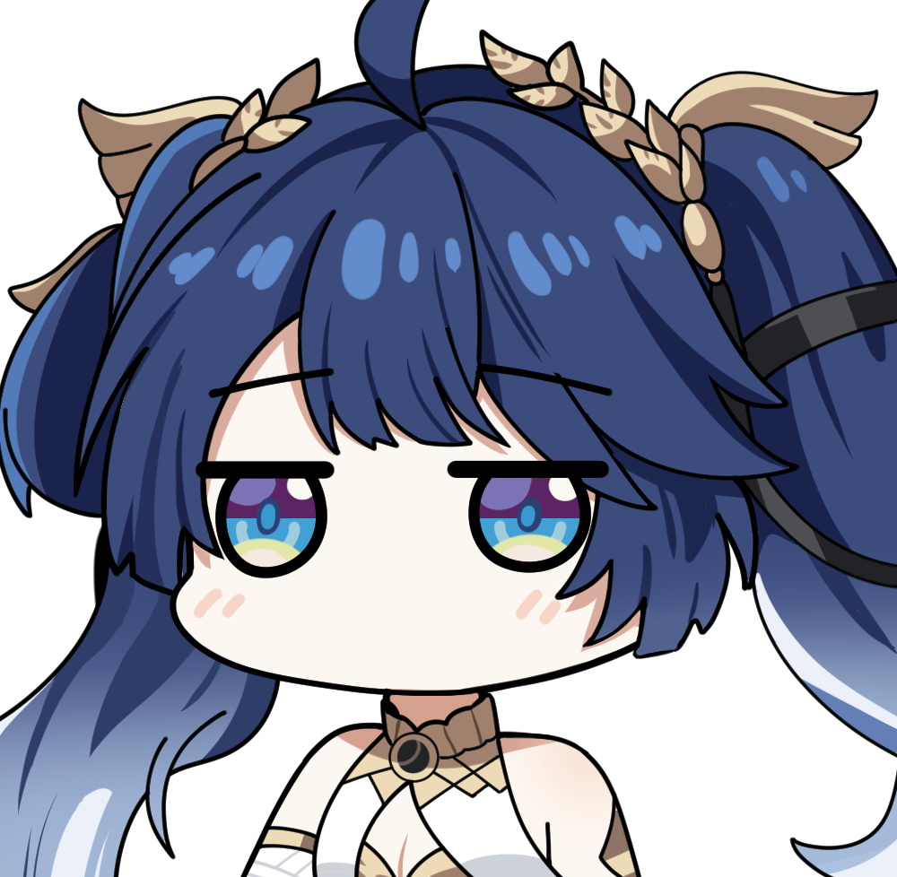 twomoon, iuno (wuthering waves), wuthering waves, commentary, english commentary, 1girl, ahoge, bare shoulders, blue eyes, blue hair, breasts, chibi, chibi only, cleavage, gold bra, gradient hair, laurel crown, long hair, looking at viewer, medium breasts, multicolored hair, no mouth, portrait, simple background, solo, twintails, white background