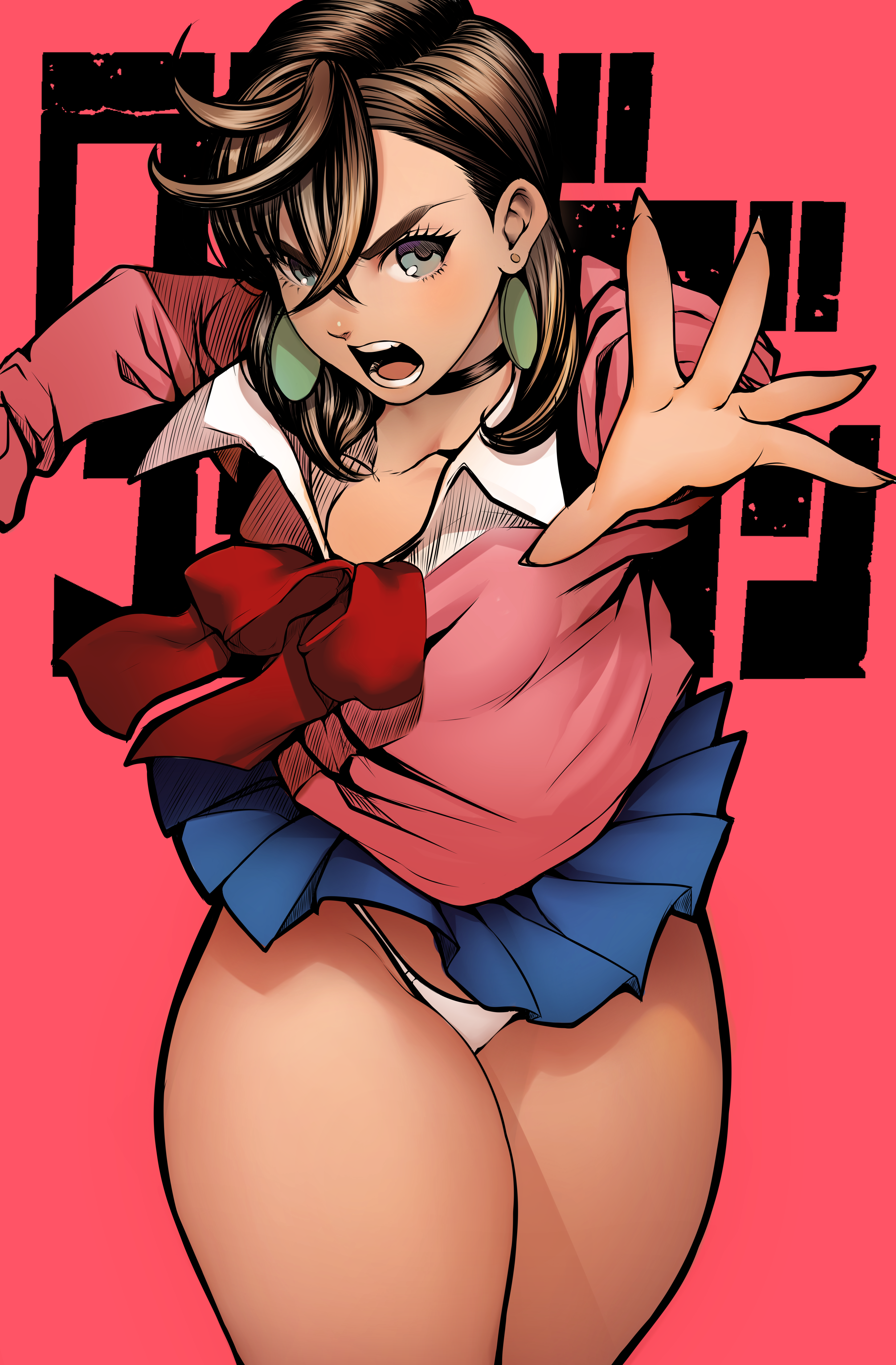 juan romero, ayase momo, dandadan, absurdres, commentary request, highres, 1girl, black choker, blue skirt, bow, bowtie, brown hair, choker, collarbone, collared shirt, cowboy shot, crossed bangs, earrings, fighting stance, fingernails, grey eyes, gyaru, hair behind ear, hair between eyes, jewelry, kami high school uniform, long fingernails, long sleeves, looking at viewer, miniskirt, open hand, open mouth, outstretched arm, outstretched hand, panties, pantyshot, pink background, pink sweater, pleated skirt, red bow, red bowtie, school uniform, shirt, short hair, skirt, solo, sweater, thick thighs, thighs, underwear, white panties, white shirt