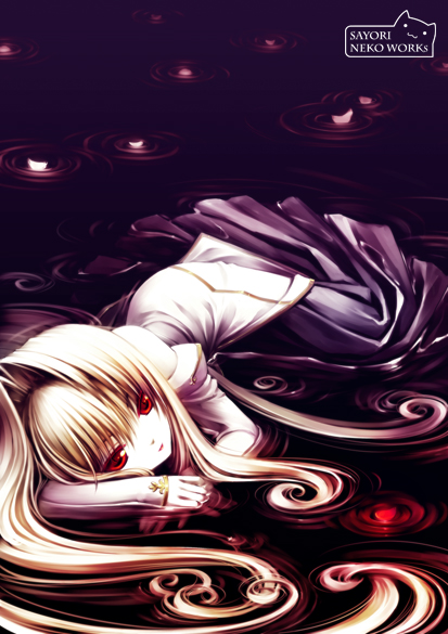 sayori (neko works), arcueid brunestud, tsukihime, type-moon, bad id, bad pixiv id, 00s, blonde hair, long hair, lying, petals, red eyes